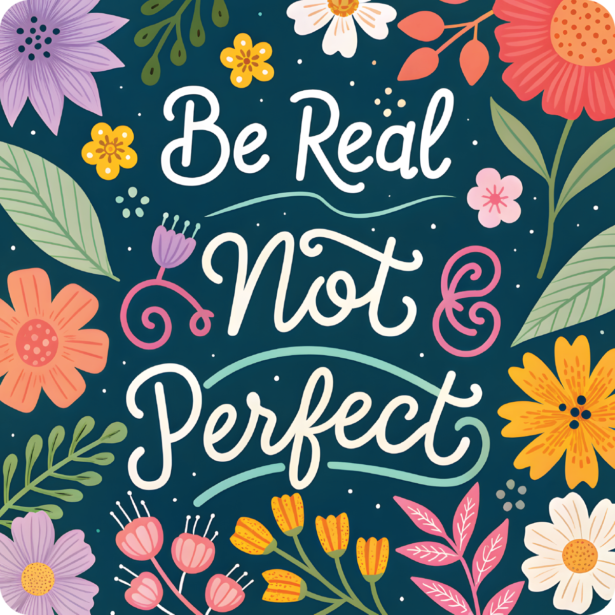 Floral design with "Be Real, Not Perfect" text in script.