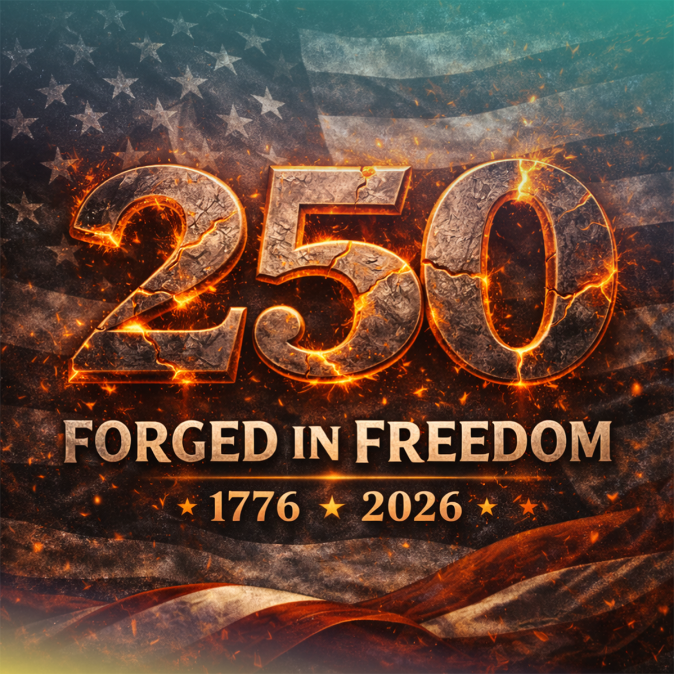 "250 FORGED IN FREEDOM 1776 2026" text overlay on American flag.