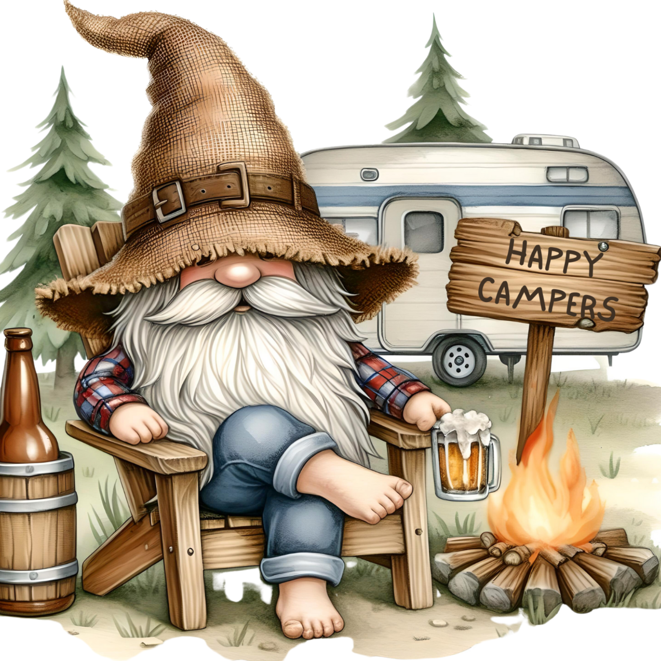 Gnome in camping chair with beer by campfire and "Happy Campers" sign.