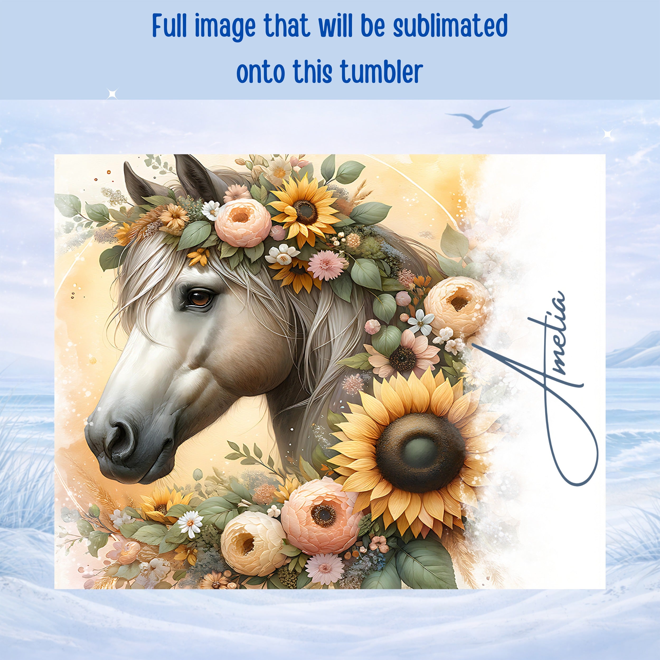Horse with flowers and sunflowers, name Amelia.