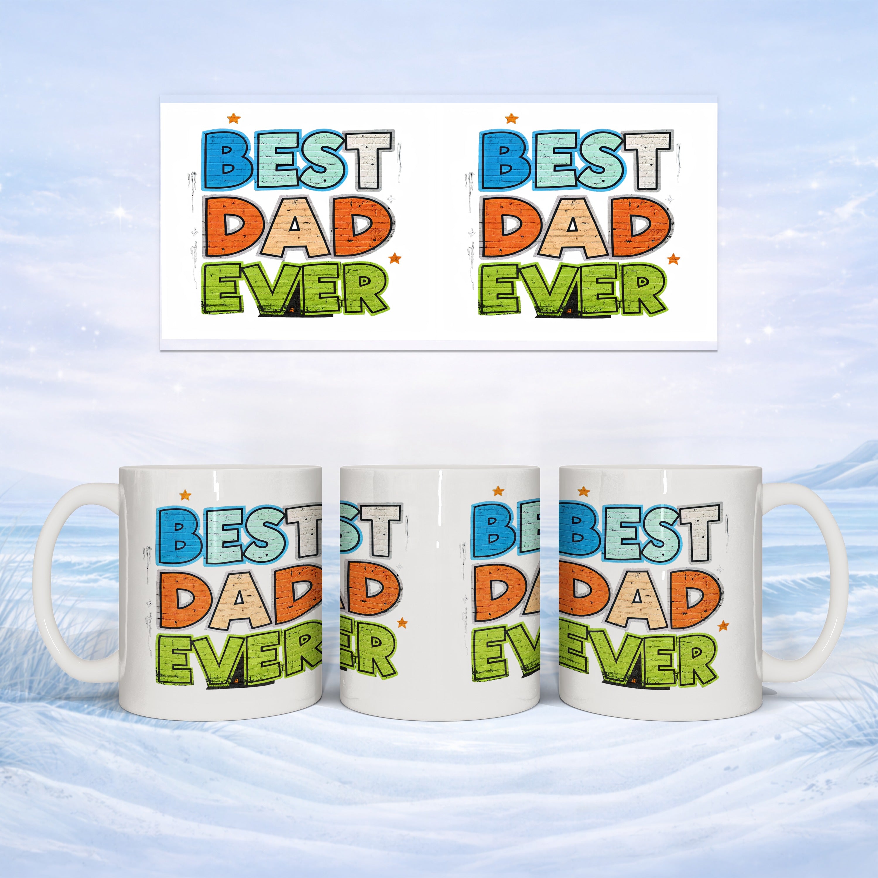 Three mugs with "BEST DAD EVER" text in colorful block letters against a snowy background.