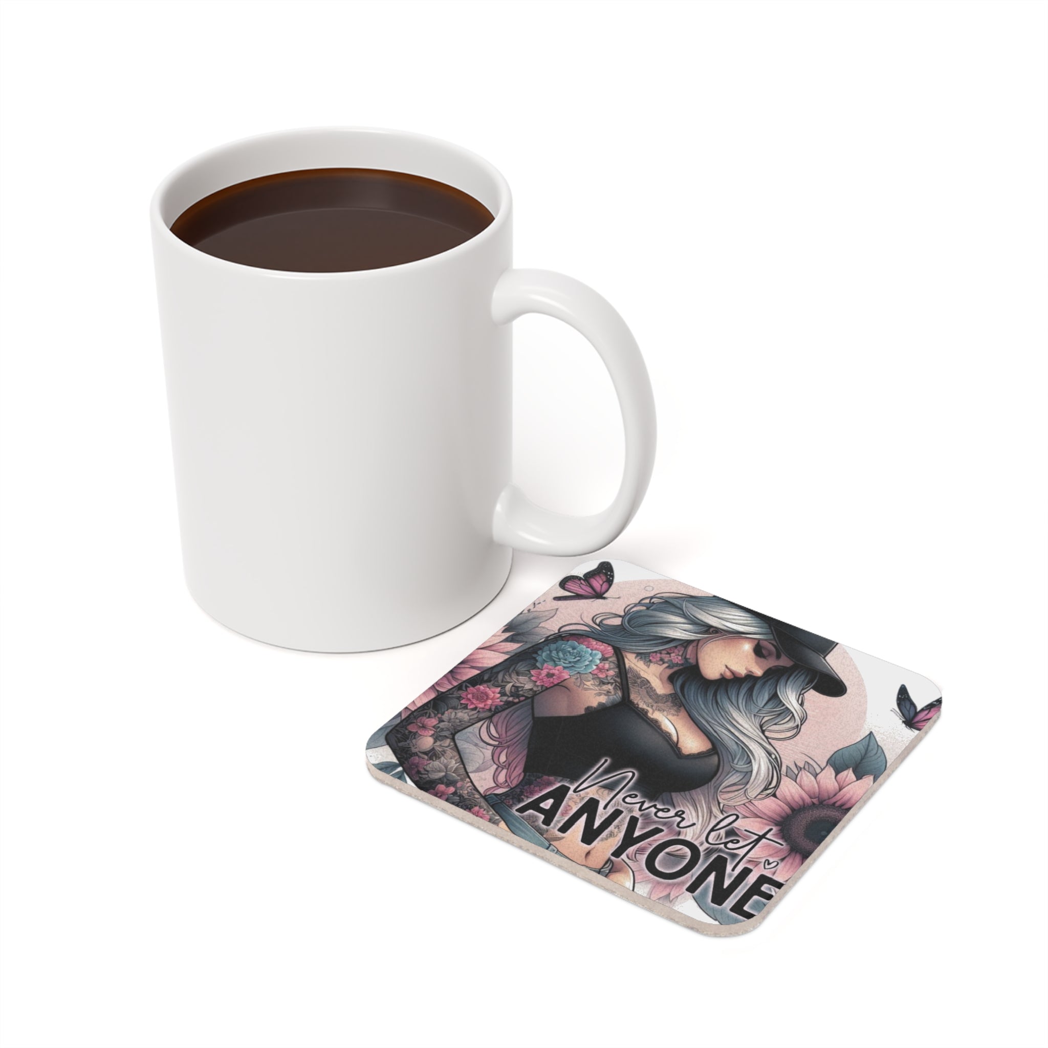 Mug and coaster with tattooed woman and sunflowers, reading "Never let Anyone".