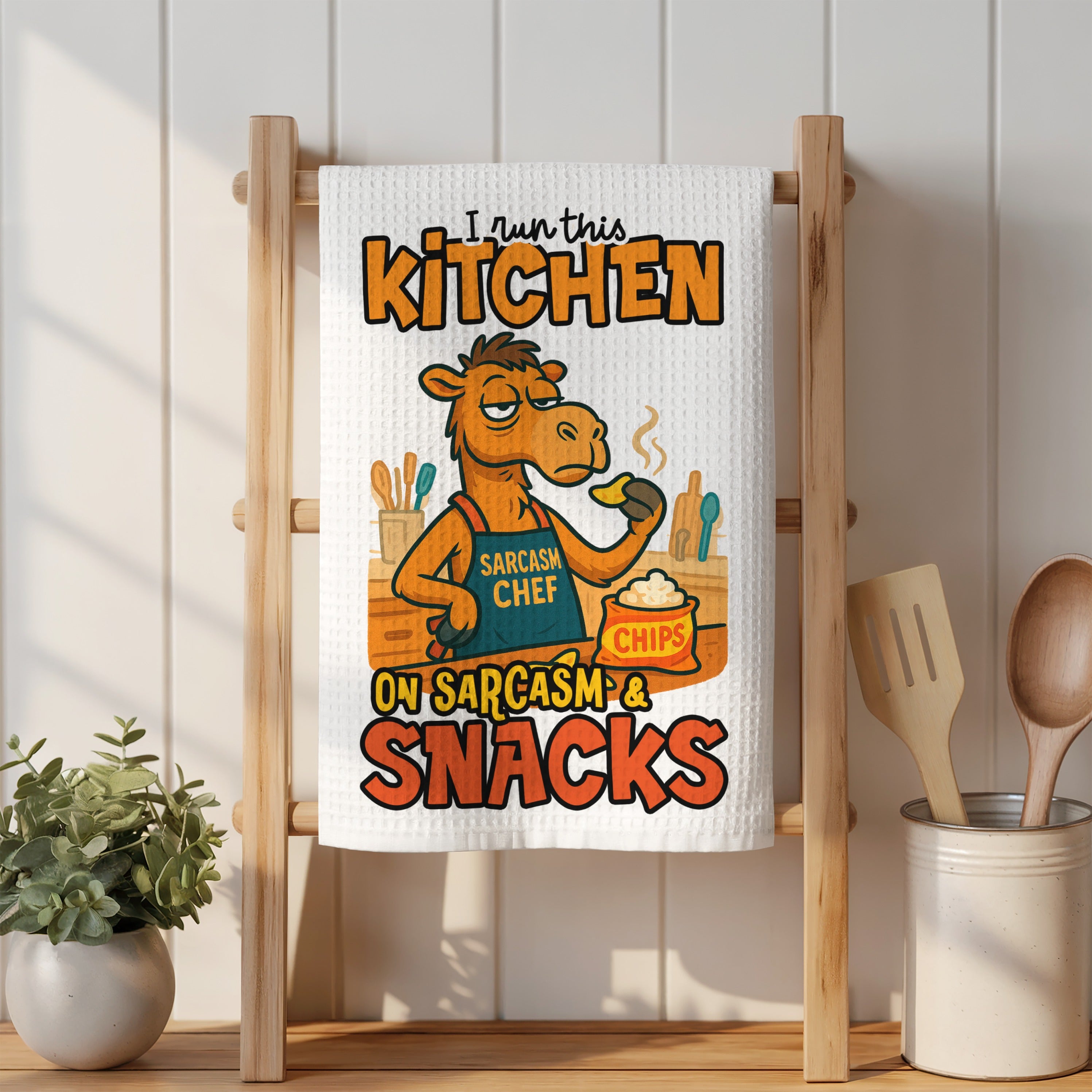 Camel with "I run this kitchen, sarcasm chef" text, eating chips.