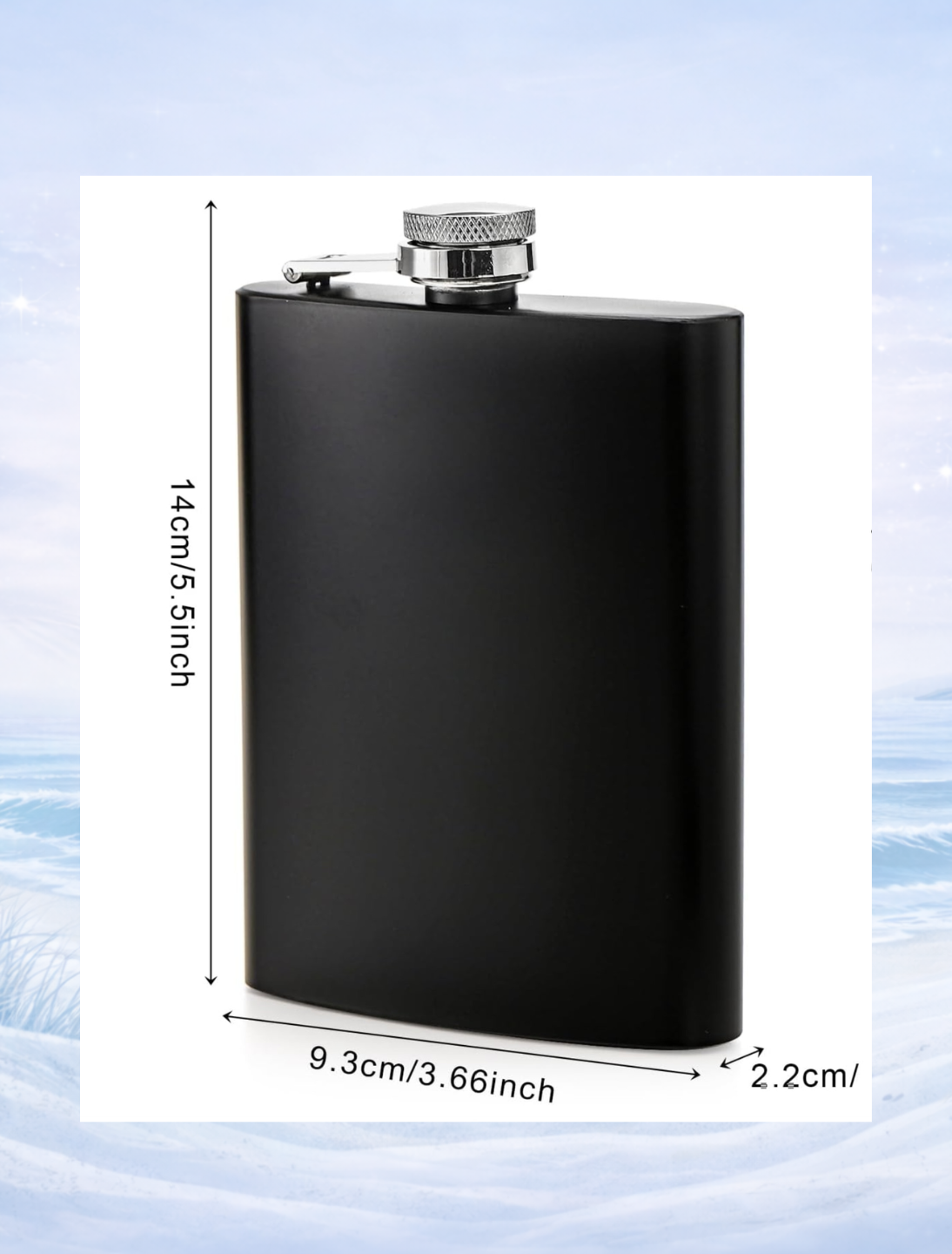 Black metal flask with dimensions 14cm tall and 9.3cm wide.