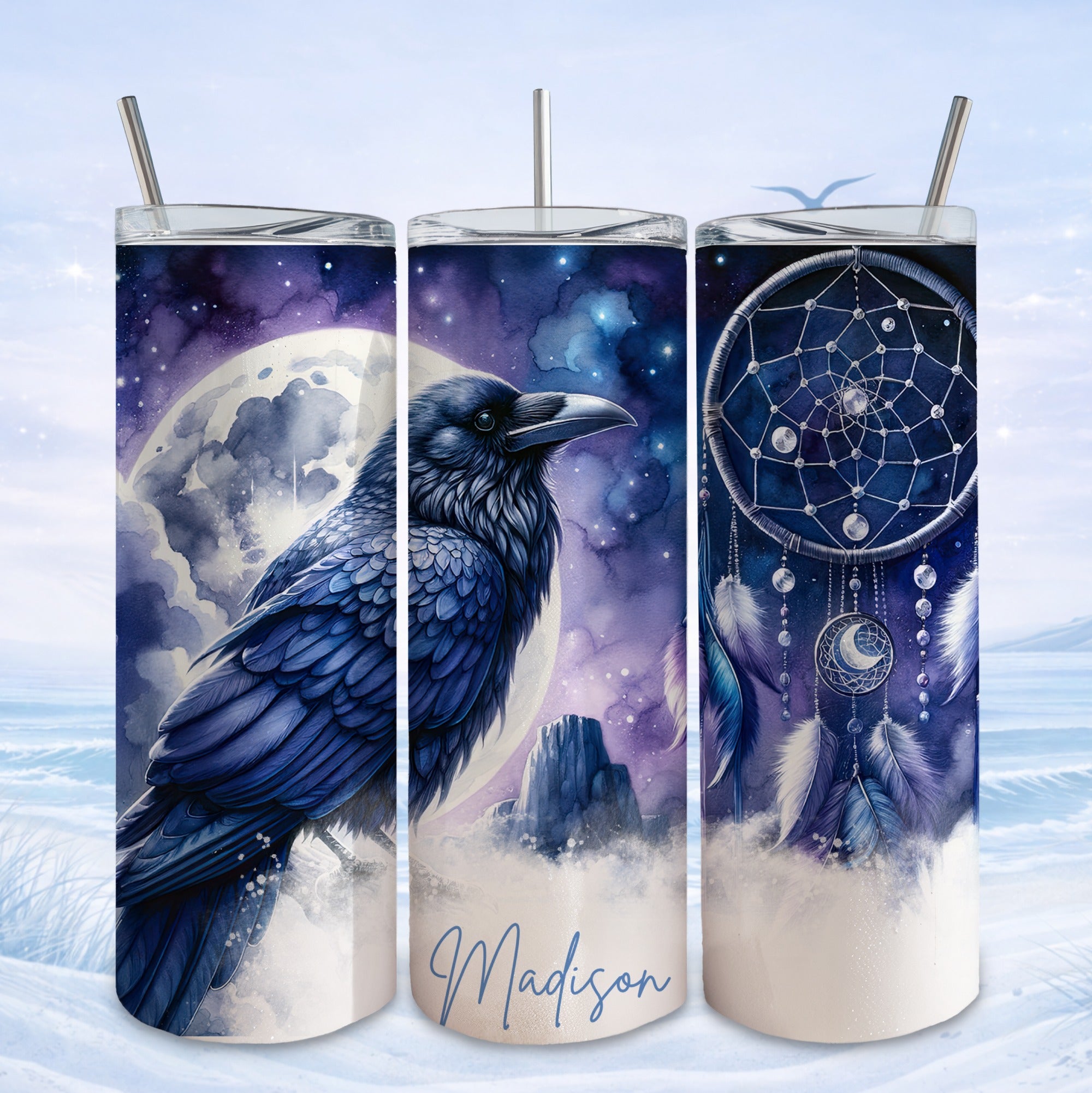 Raven and moon on a dreamcatcher tumbler with "Madison" text.