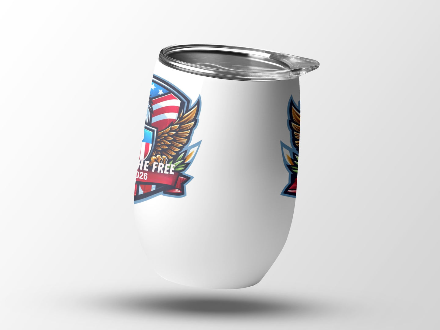 White tumbler with shield, eagle, and "LAND OF THE FREE" text.