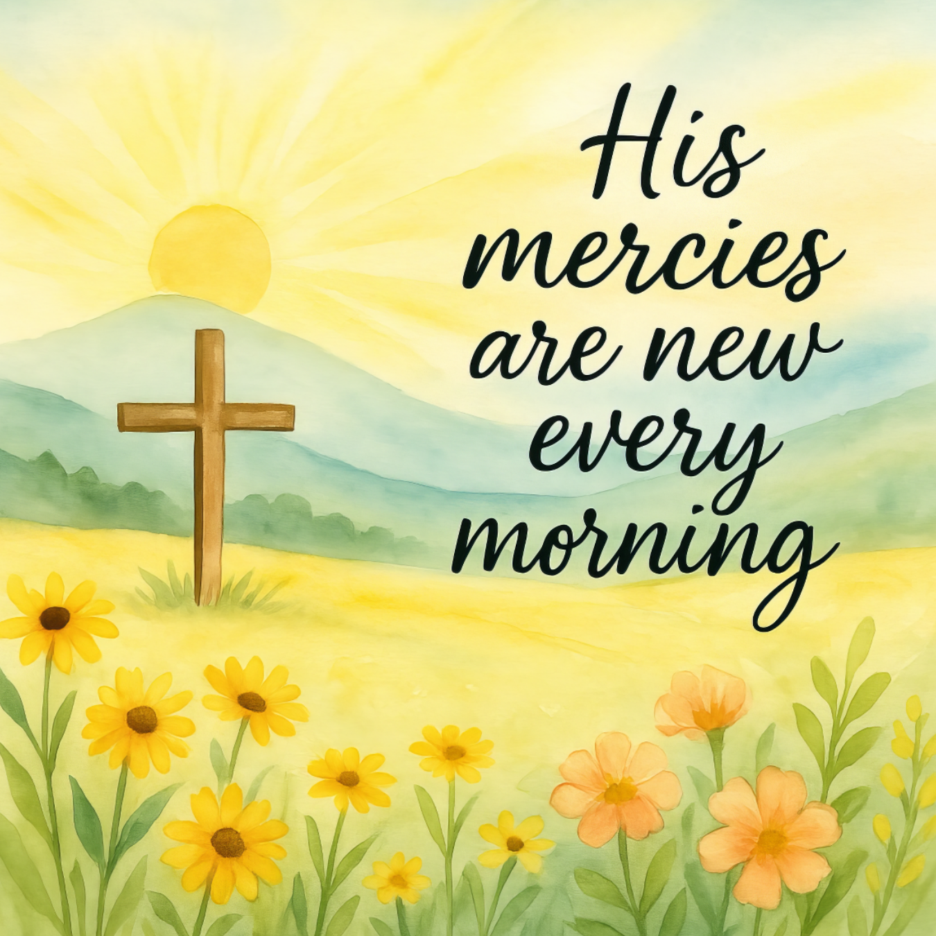 Wooden cross in a field of wildflowers with sun and text "His mercies are new every morning."