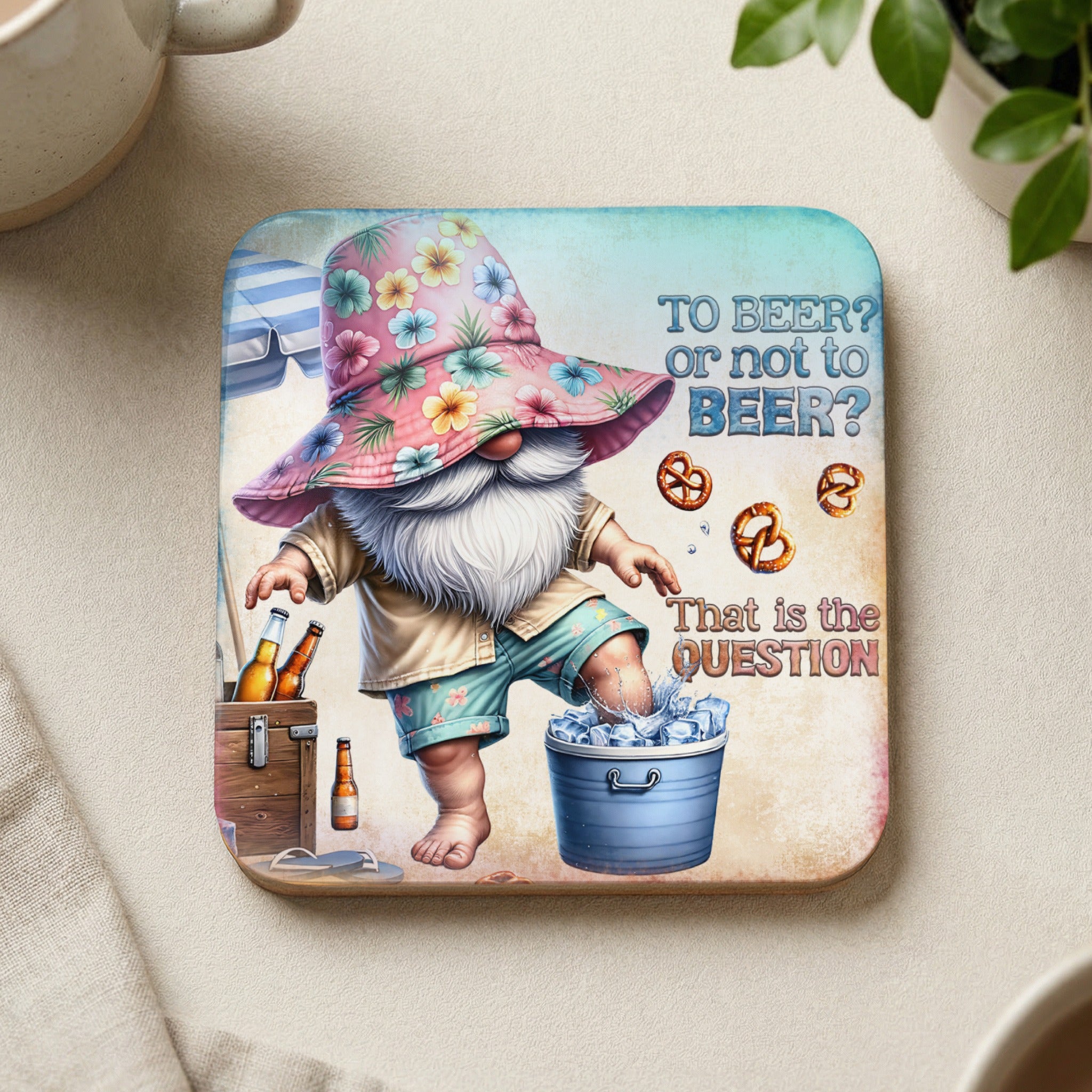 Gnome in floral hat and beach attire stands in bucket of ice, text asks "To beer? or not to beer? That is the question".