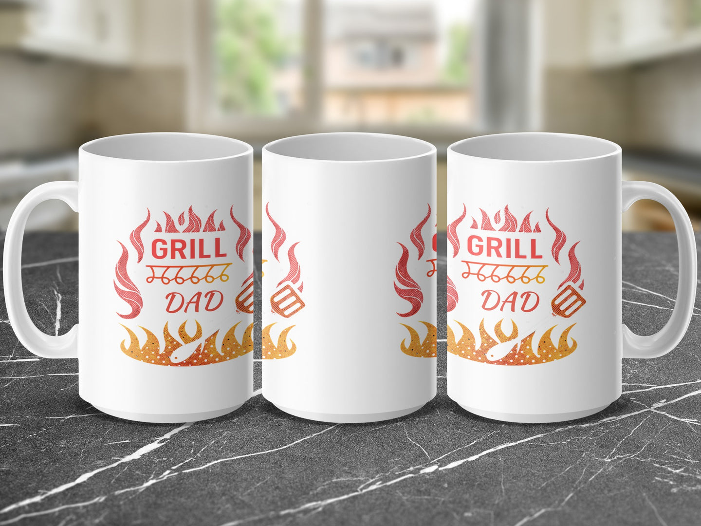 White mug with "Grill Dad" text and flame graphics, displayed from multiple angles.