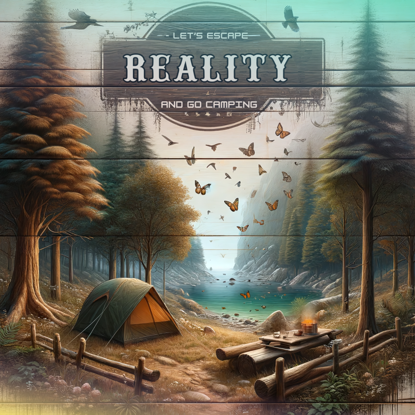 Tent by a lake with a wooden picnic table and butterflies, "Let's Escape Reality" text.