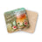 Coaster with beer, sunshine, and happiness text, palm trees, and hibiscus flowers.