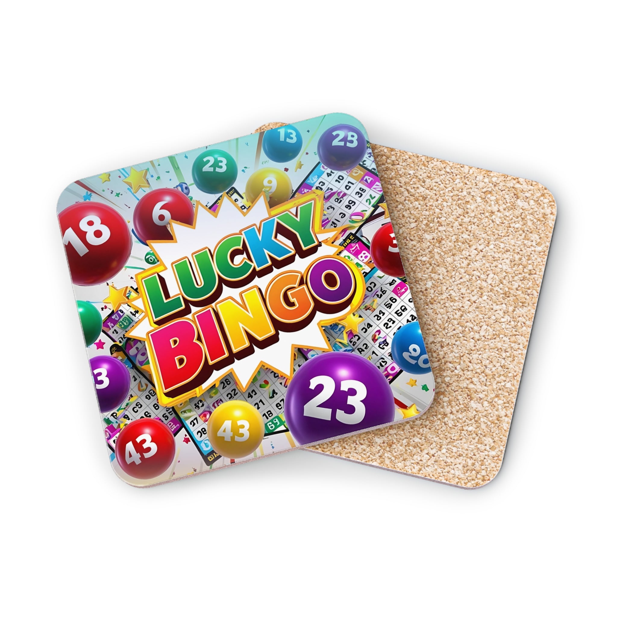 Two bingo card coasters, one with "Lucky Bingo" text, on white background.