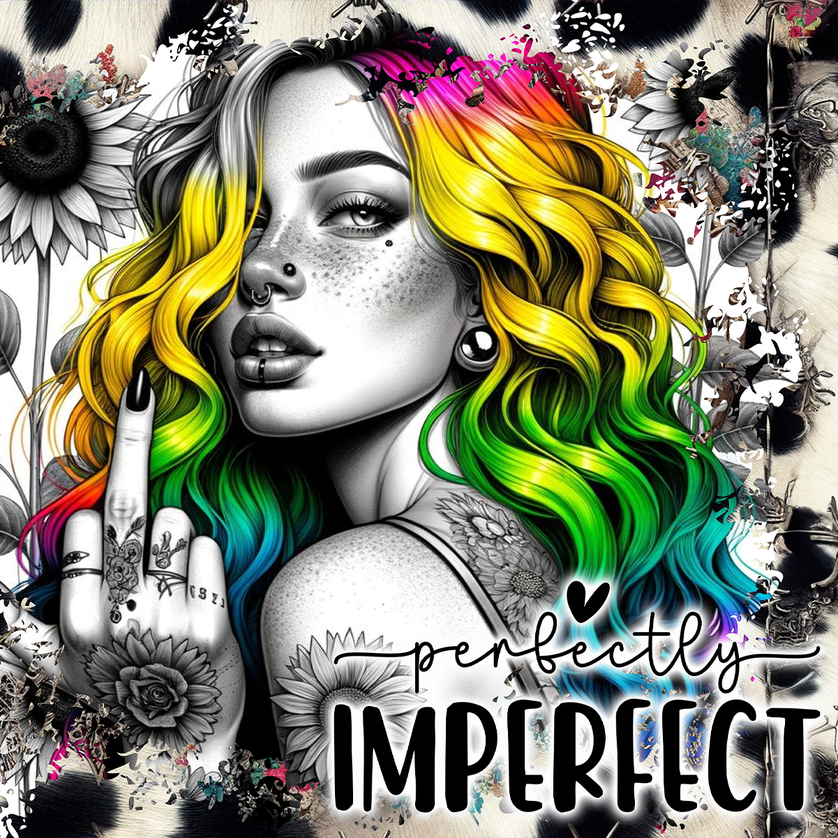 Woman with rainbow hair giving middle finger, text "perfectly IMPERFECT"