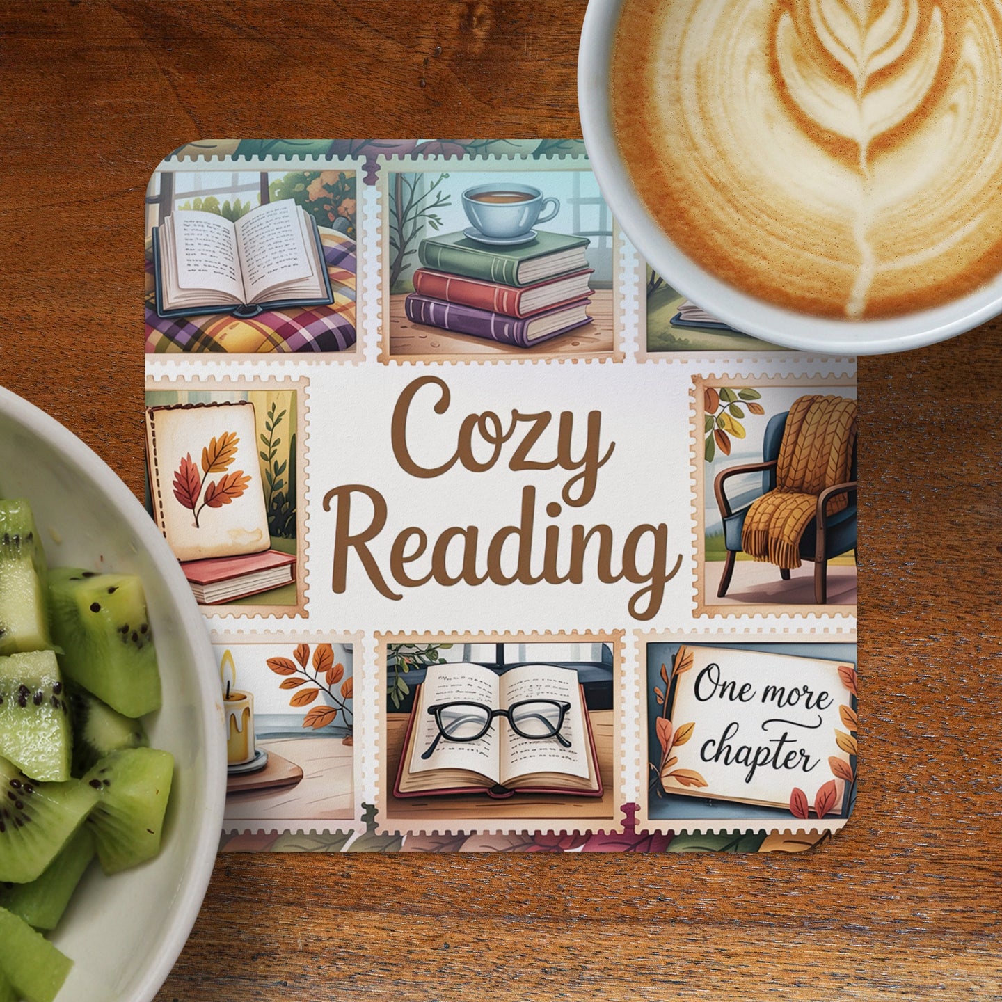 "Cozy Reading" mat with four smaller framed illustrations and a teacup.