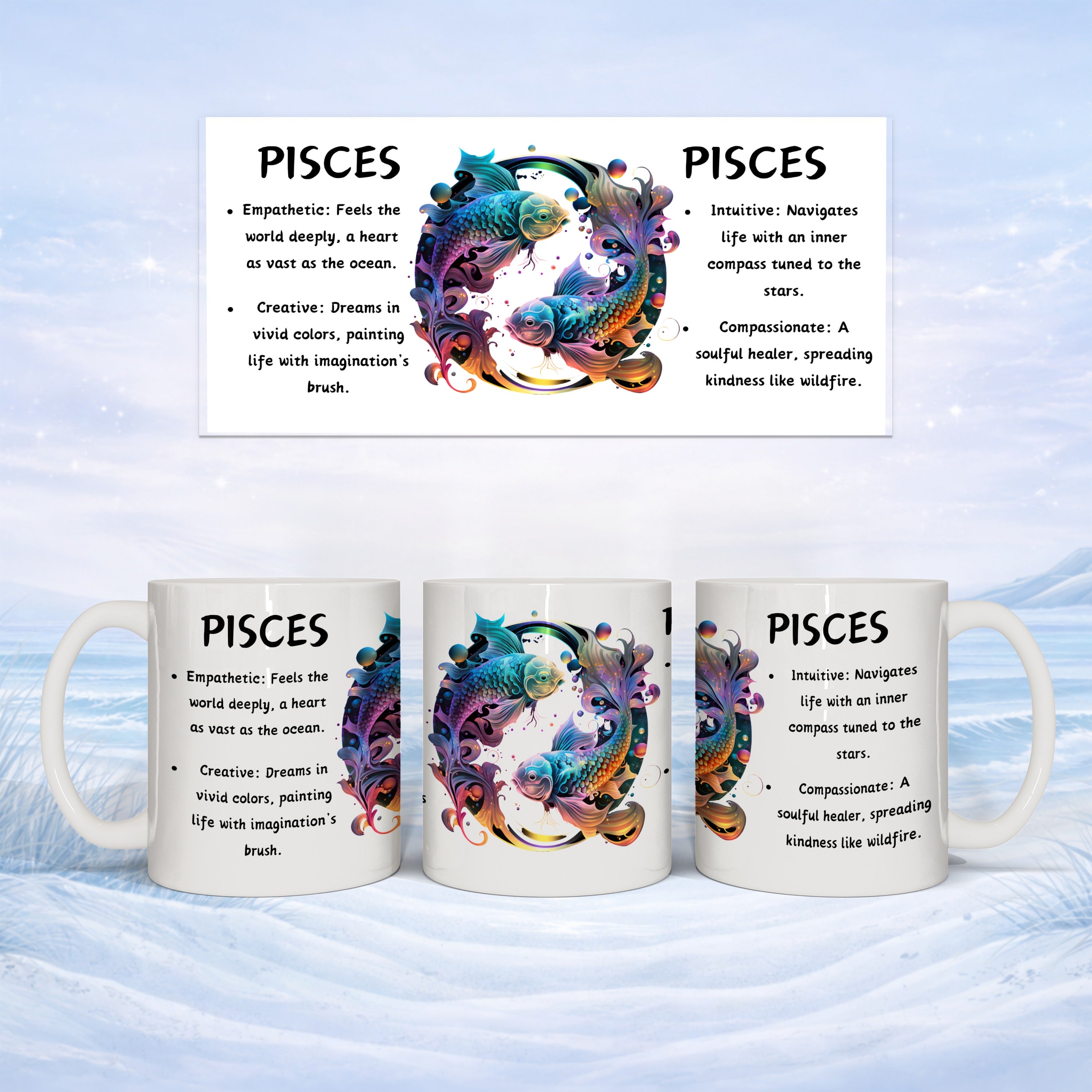 Mug featuring two stylized fish swimming in a circle, the Pisces symbol.
