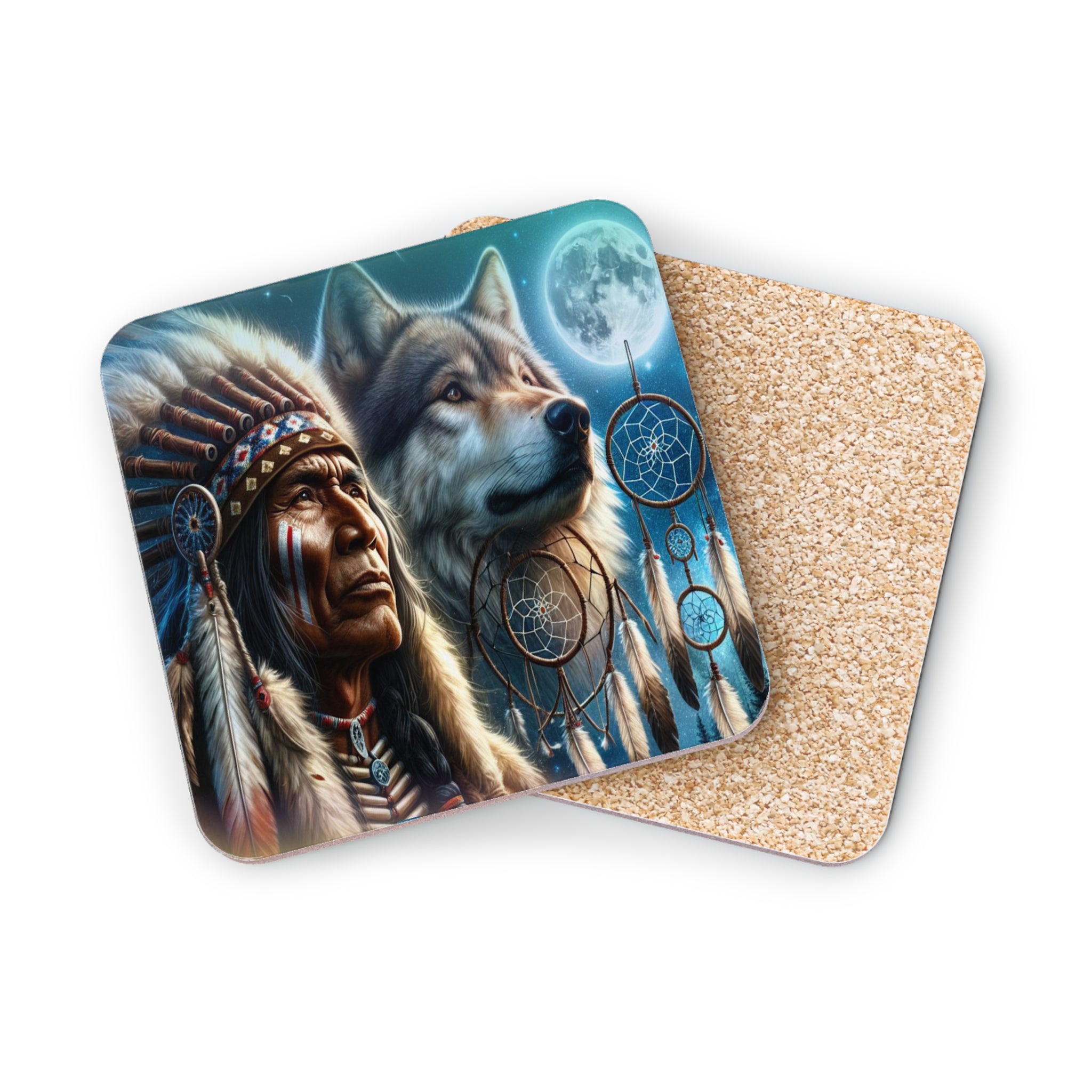 Native American man in headdress with wolf and dreamcatchers under moon.
