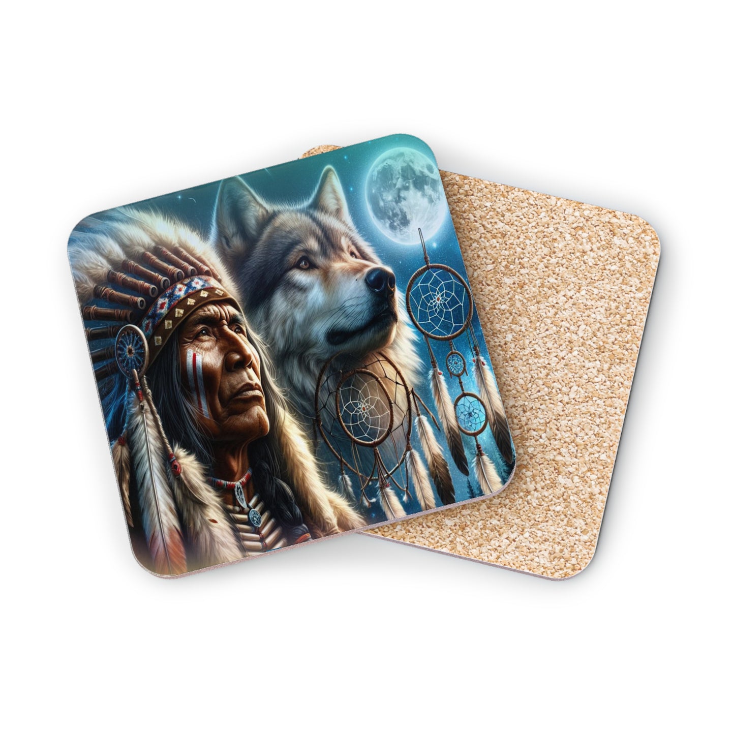 Native American man in headdress with wolf and dreamcatchers under moon.