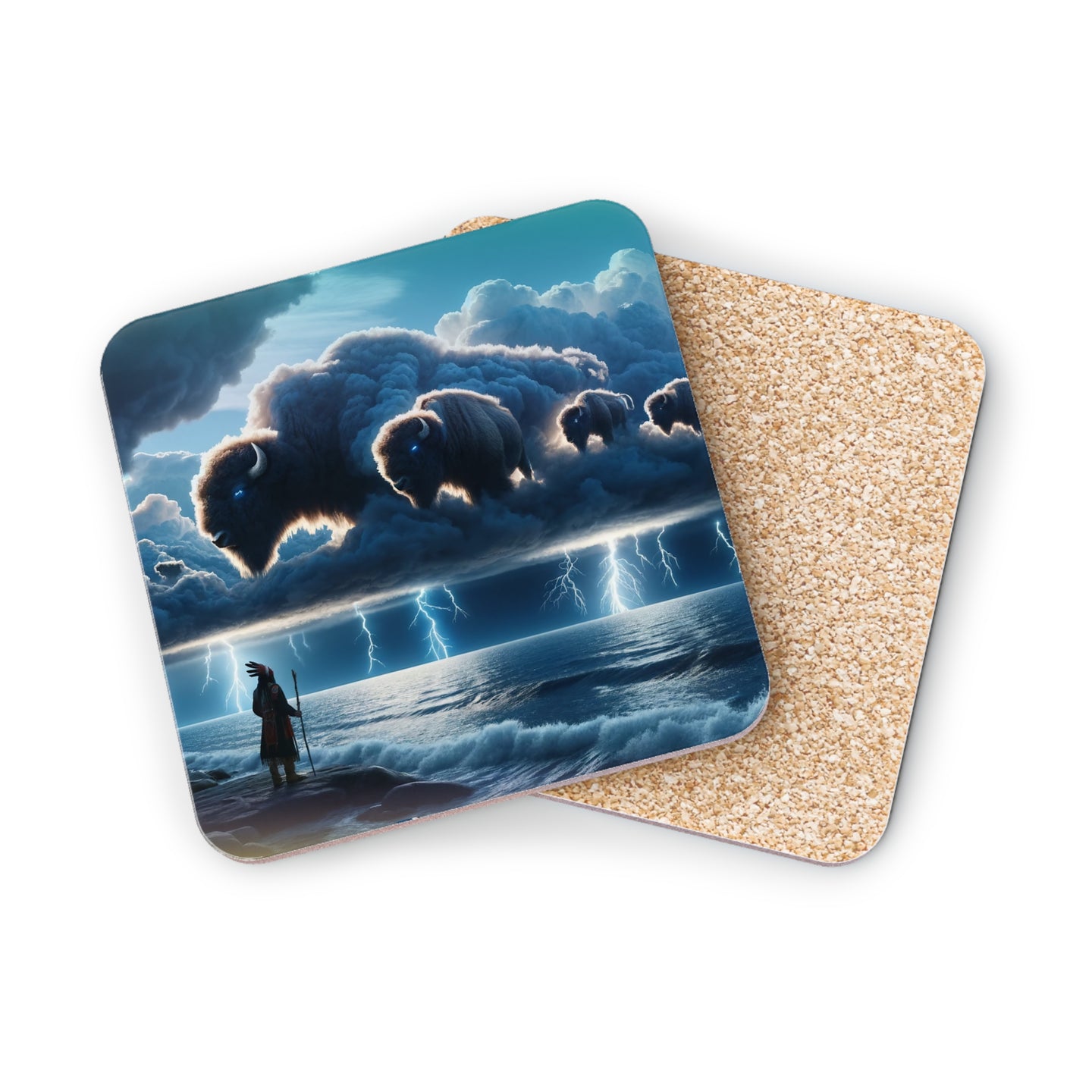 Spirit buffalo in stormy clouds above an ocean with a figure in the foreground.