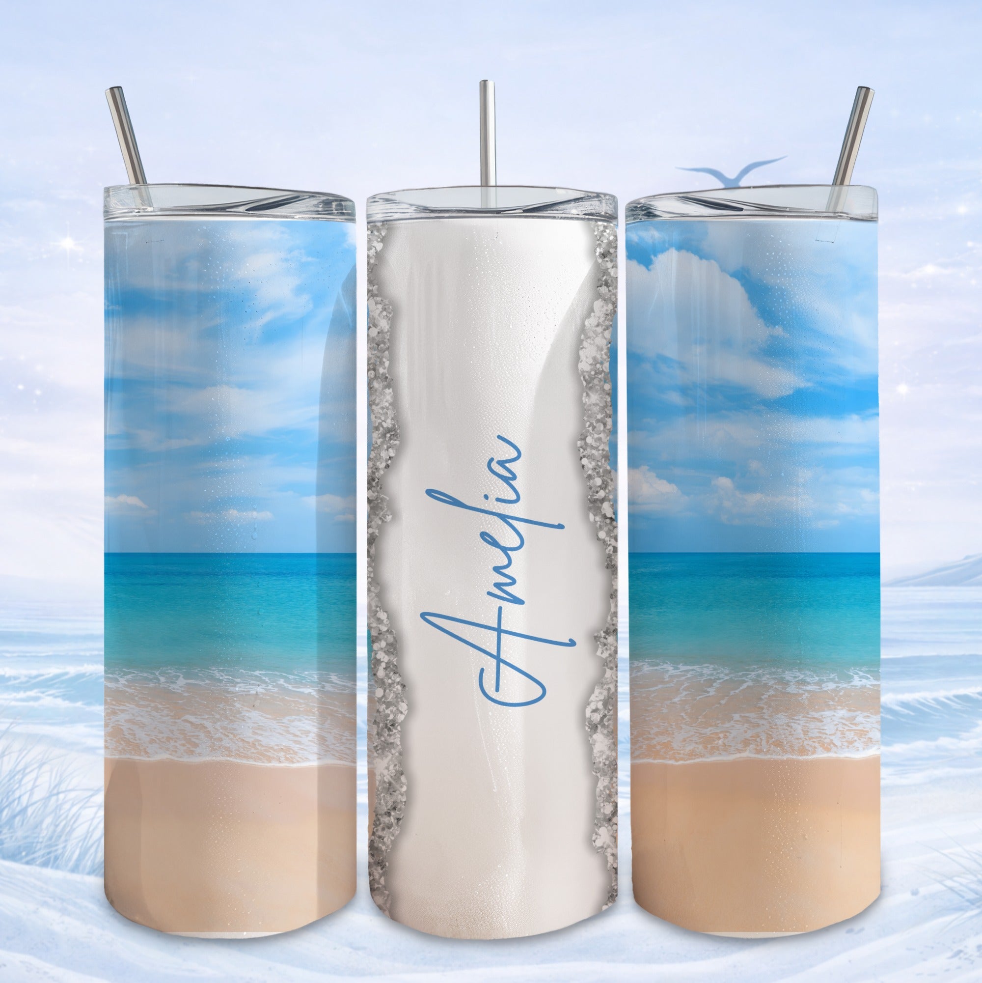White glitter tumbler with "Amelia" text, beach scene.