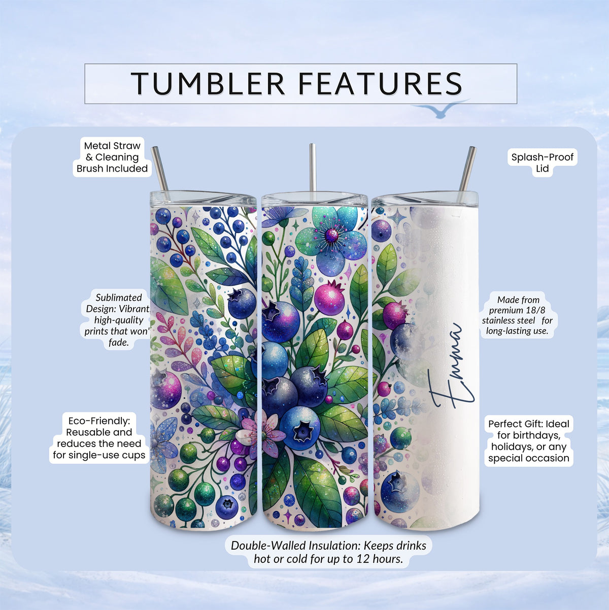 Tumbler with blueberry floral design and "Emma" script, features included.