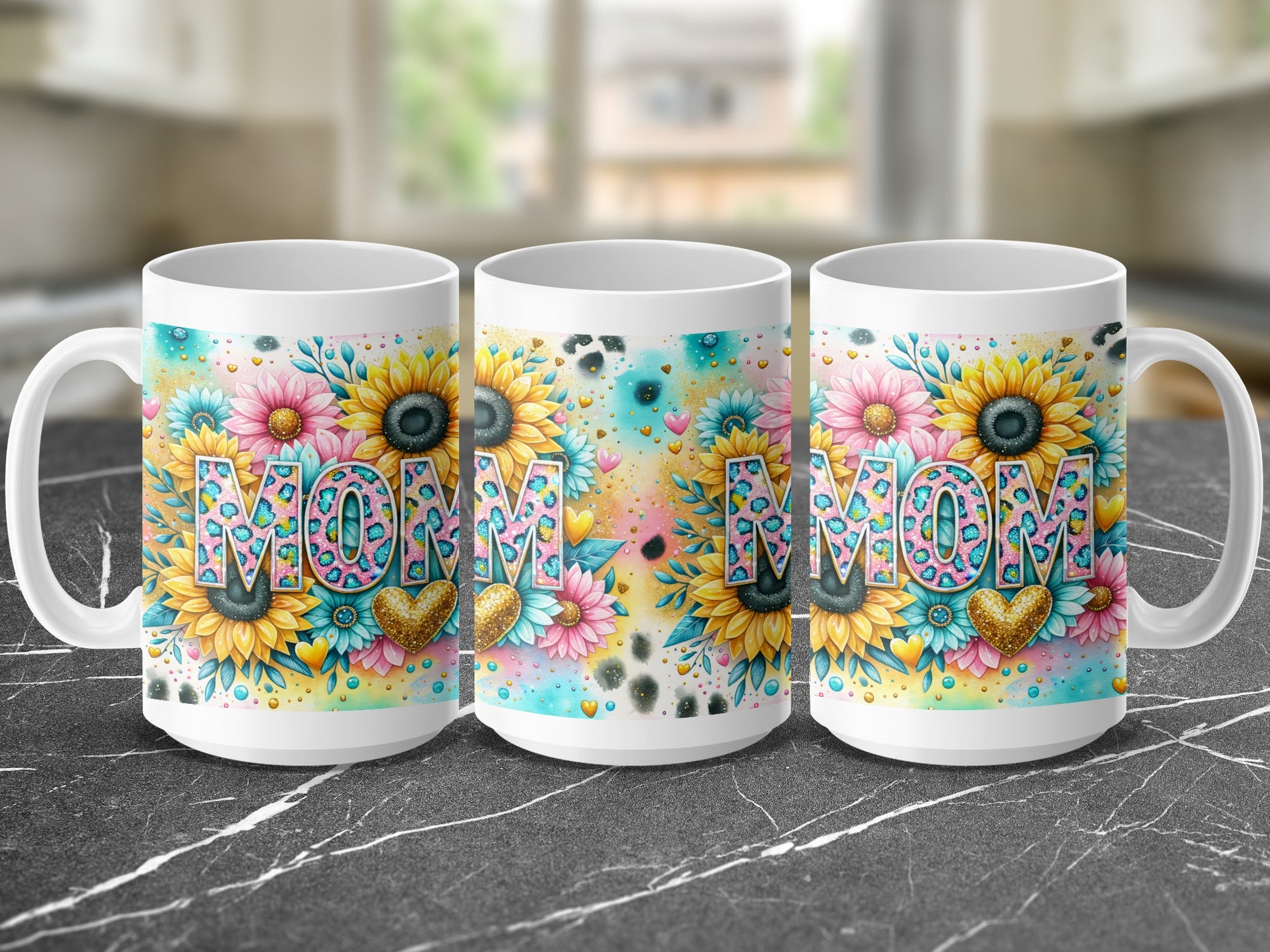Mug with "MOM" in leopard print and floral design, featuring sunflowers.