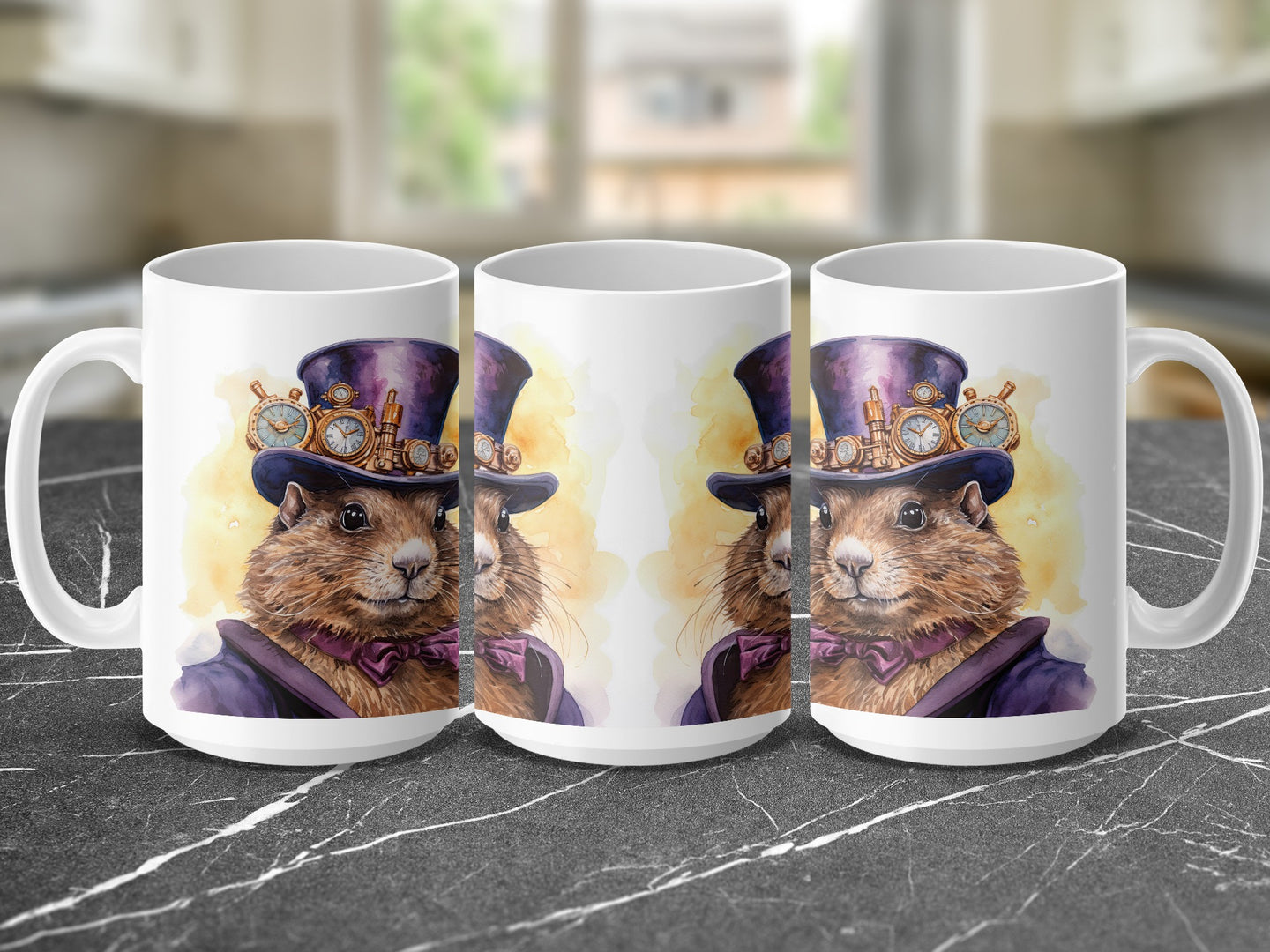 Mug featuring a whimsical groundhog in a top hat and suit.