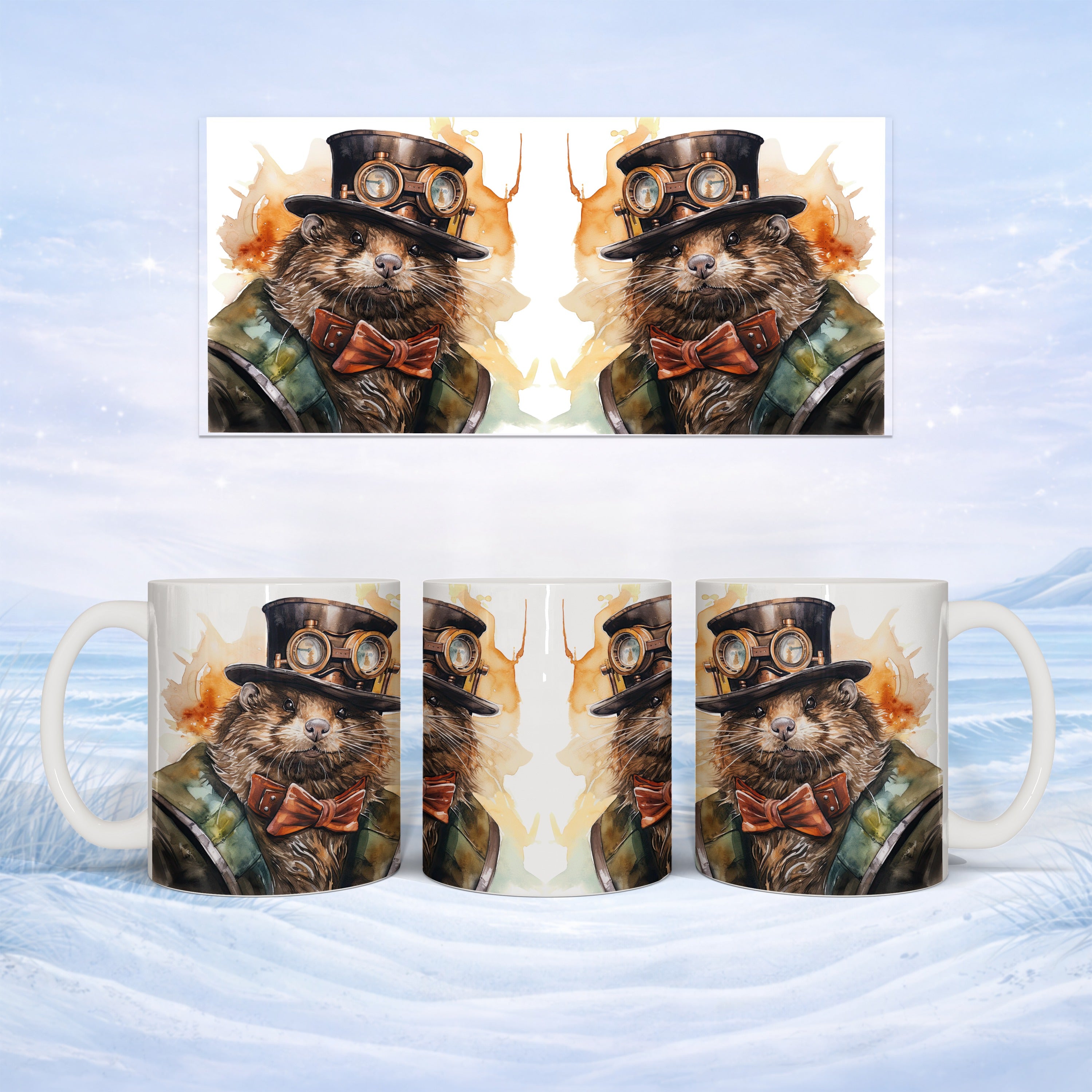 Mug with watercolor steampunk groundhog wearing top hat and bowtie.