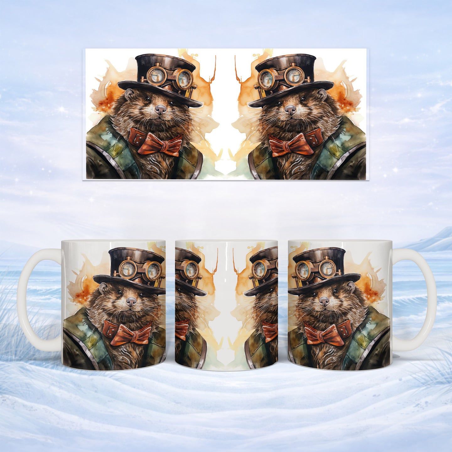 Mug with watercolor steampunk groundhog wearing top hat and bowtie.