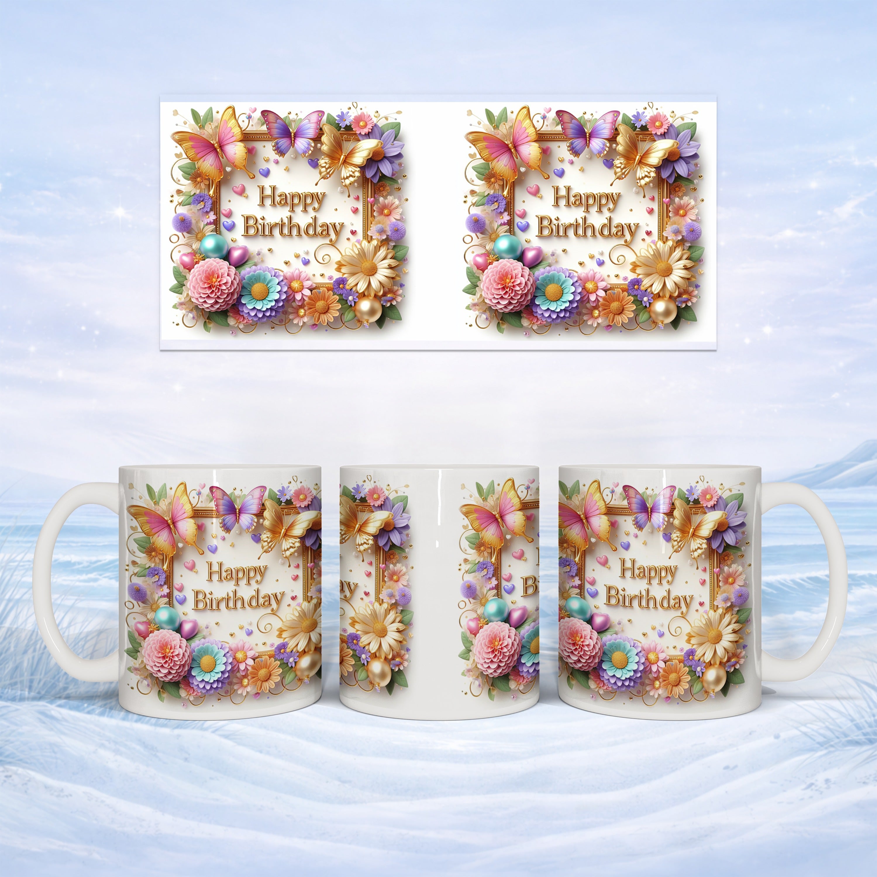 Birthday mug with butterflies and floral decorations.