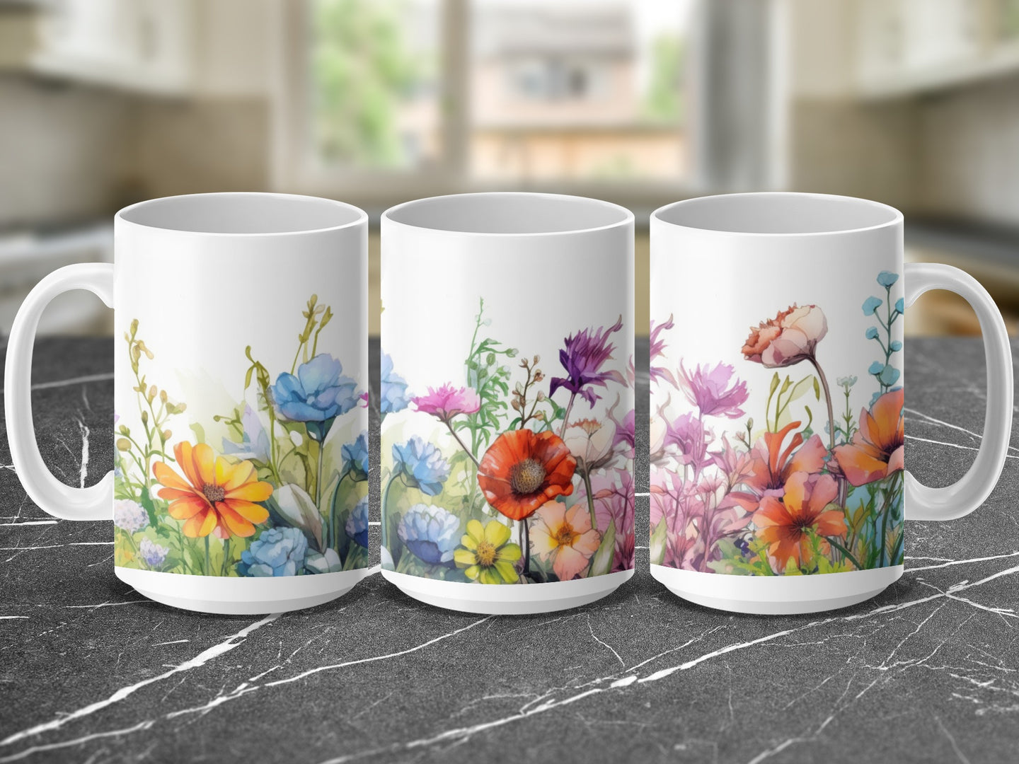 Three white mugs with floral watercolor designs on a marble surface.