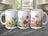 Three white mugs with floral watercolor designs on a marble surface.