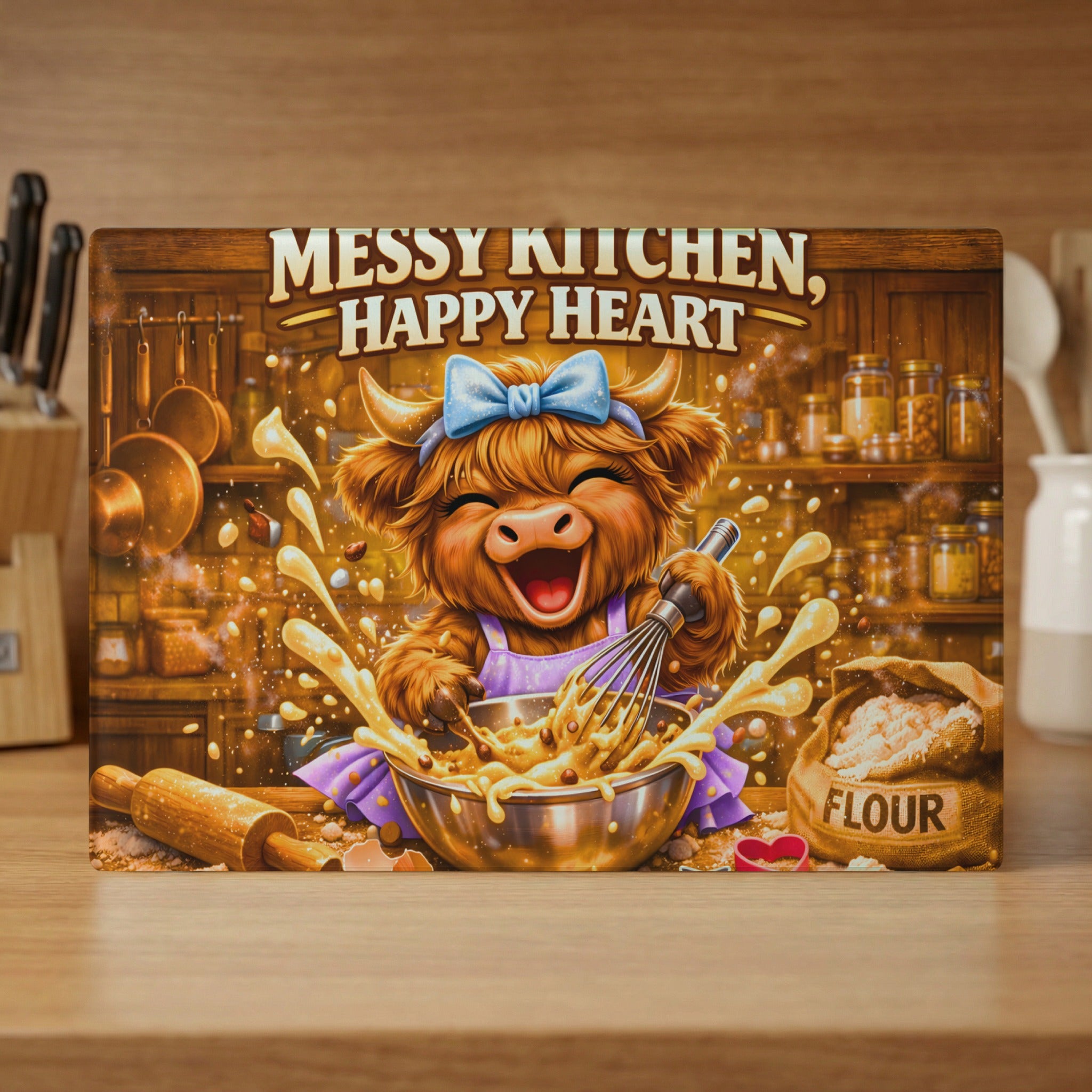Cute cow whisking batter in a bowl, text "Messy Kitchen, Happy Heart".