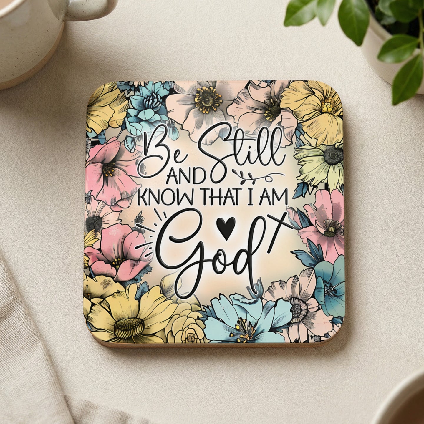Square coaster with floral border and text "Be Still and Know That I Am God".