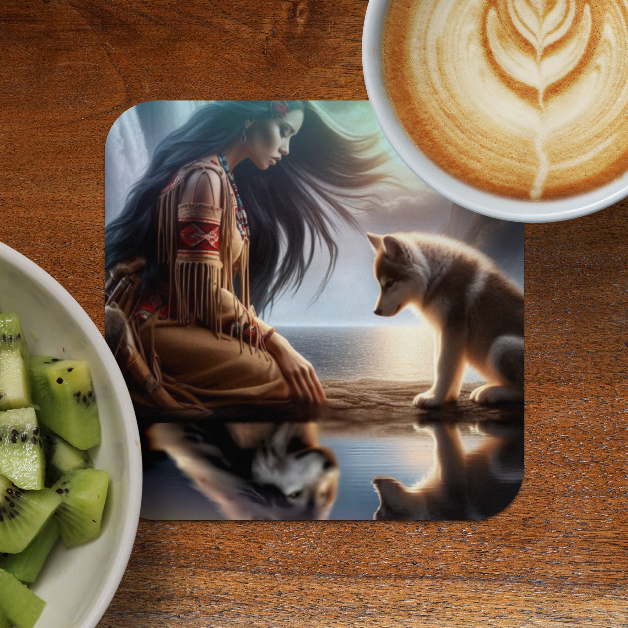 Woman in Native American attire kneels by water with wolf pup reflecting.