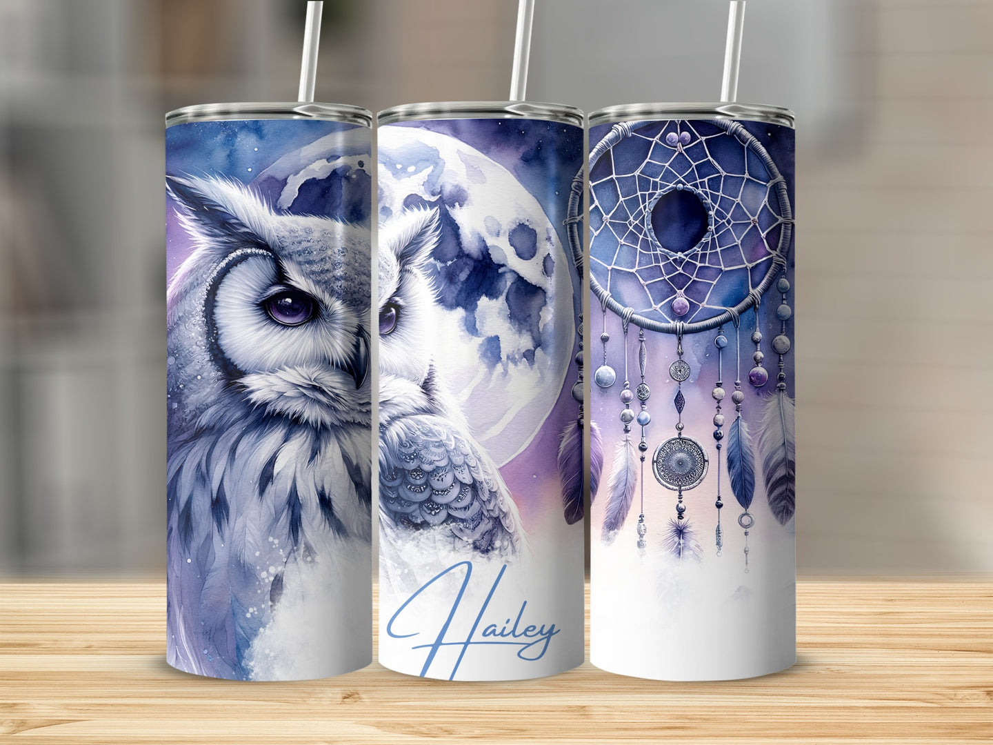 Three tumblers with owls, moon, and dreamcatcher designs, one with "Hailey" text.