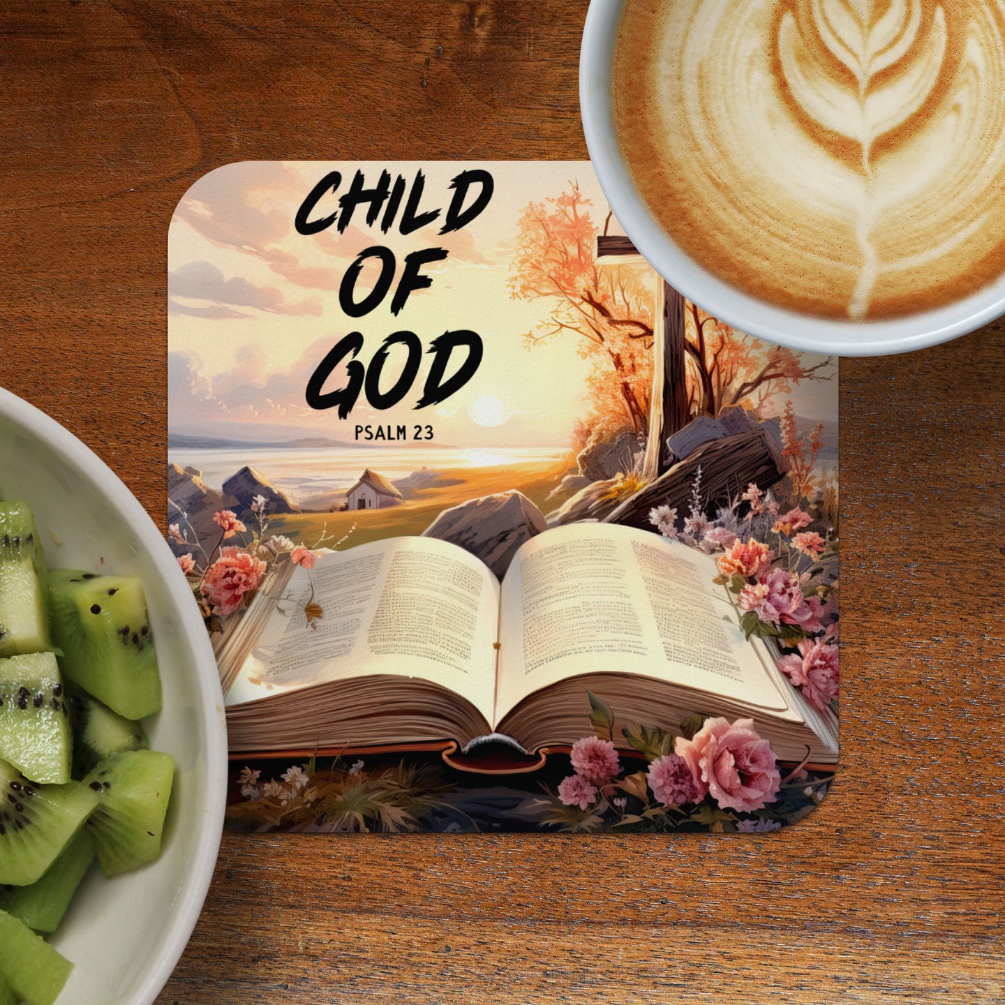 Open Bible with "CHILD OF GOD PSALM 23" text, surrounded by flowers and a sunrise.