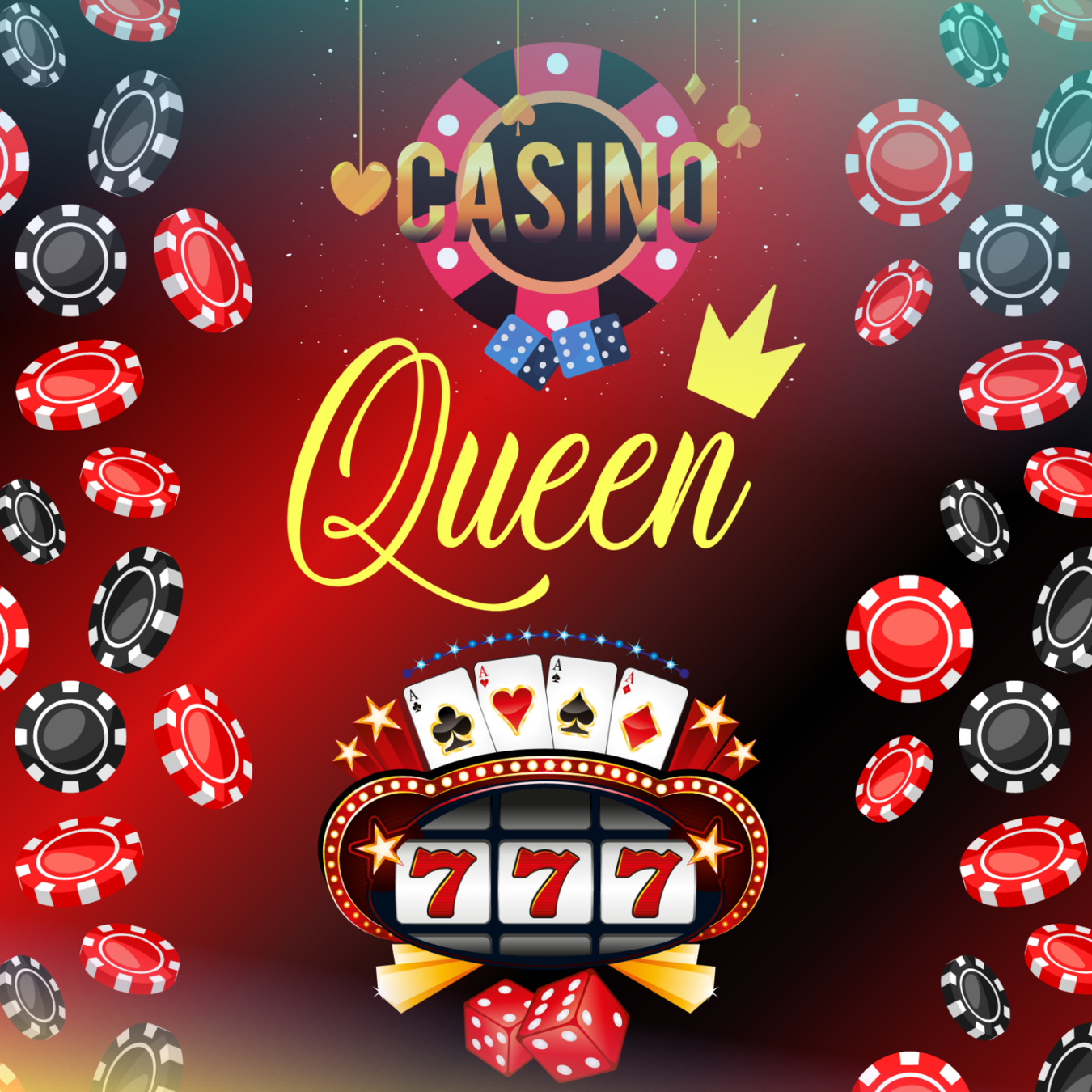 Casino Queen slot machine with playing cards, dice, and chips.