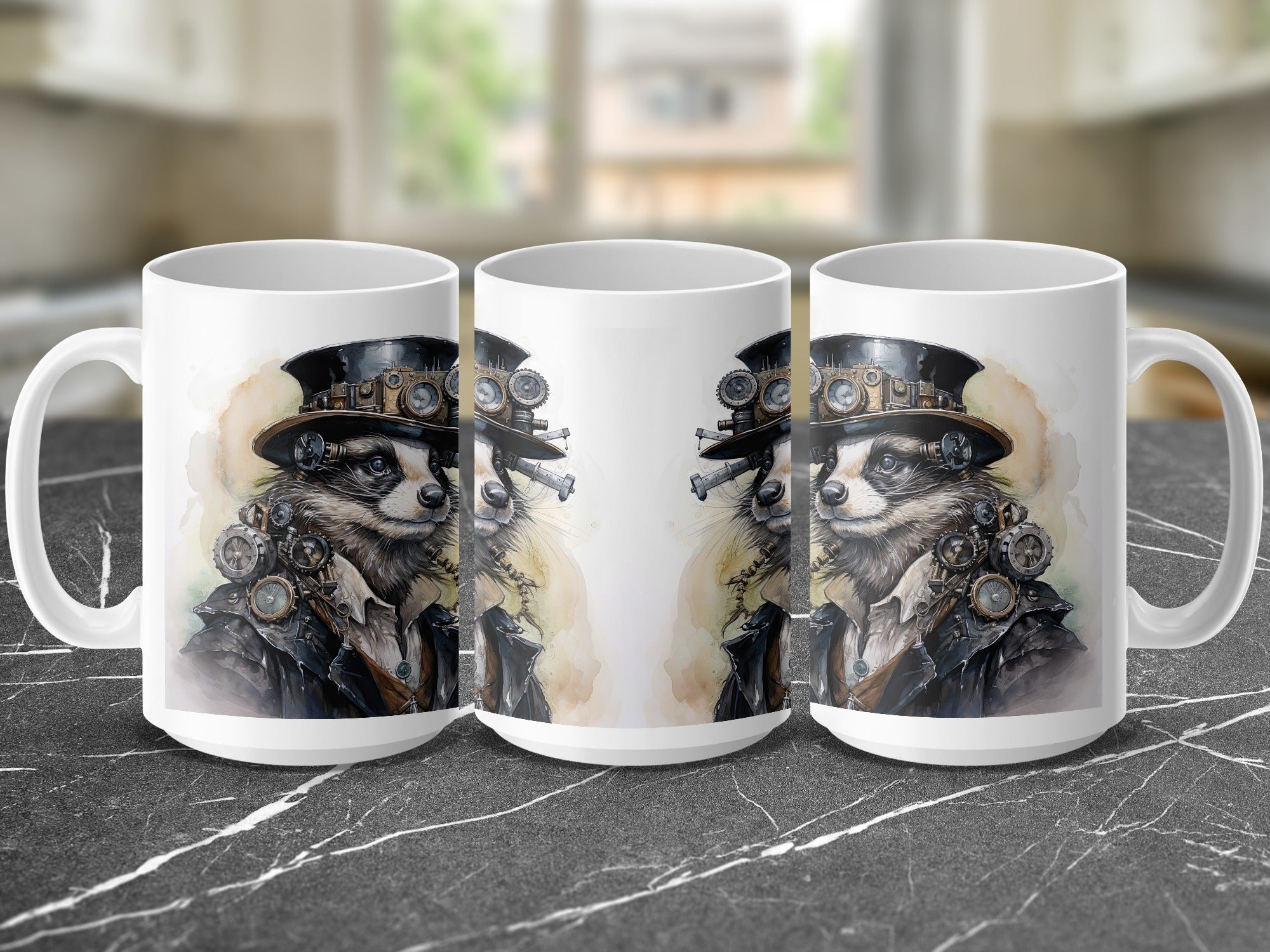 Three mugs featuring a raccoon in steampunk attire, gears and goggles, set against a blurred kitchen background.