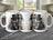 Three mugs featuring a raccoon in steampunk attire, gears and goggles, set against a blurred kitchen background.