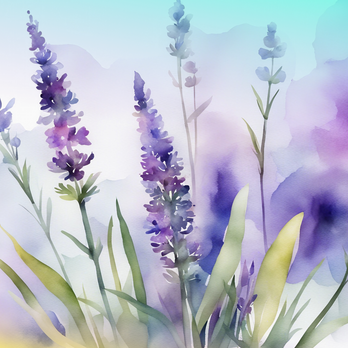 Watercolor painting of purple lavender stalks and green leaves against a soft, blended background.