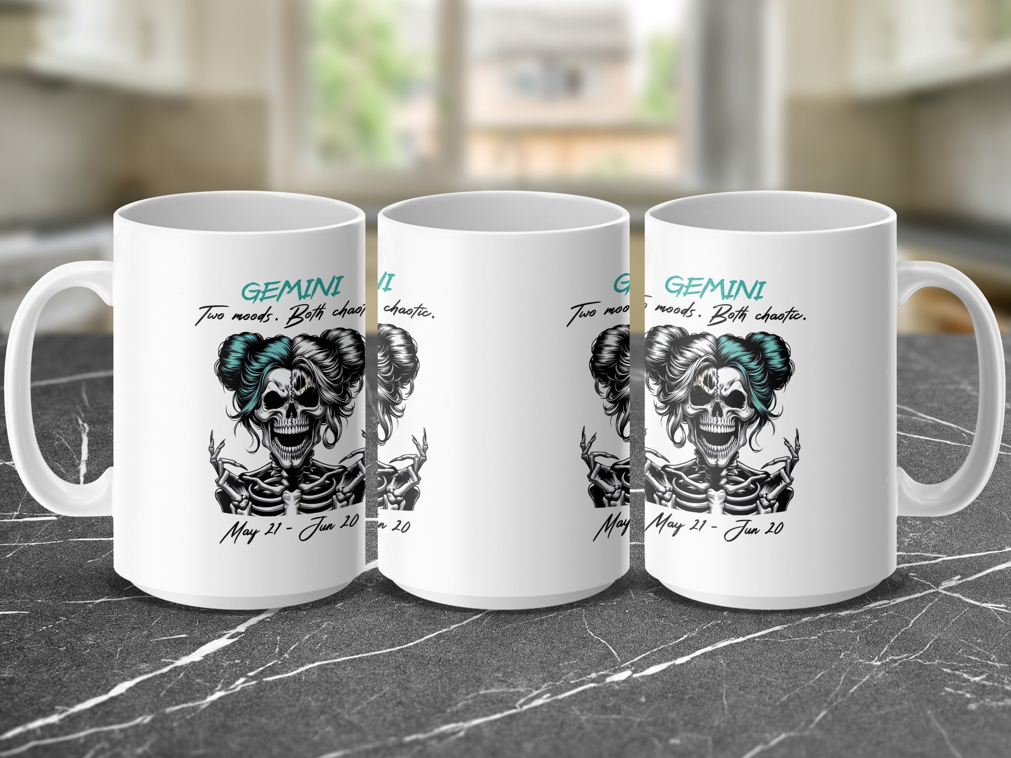 Gemini mug with skull art and text "Two moods. Both chaotic."