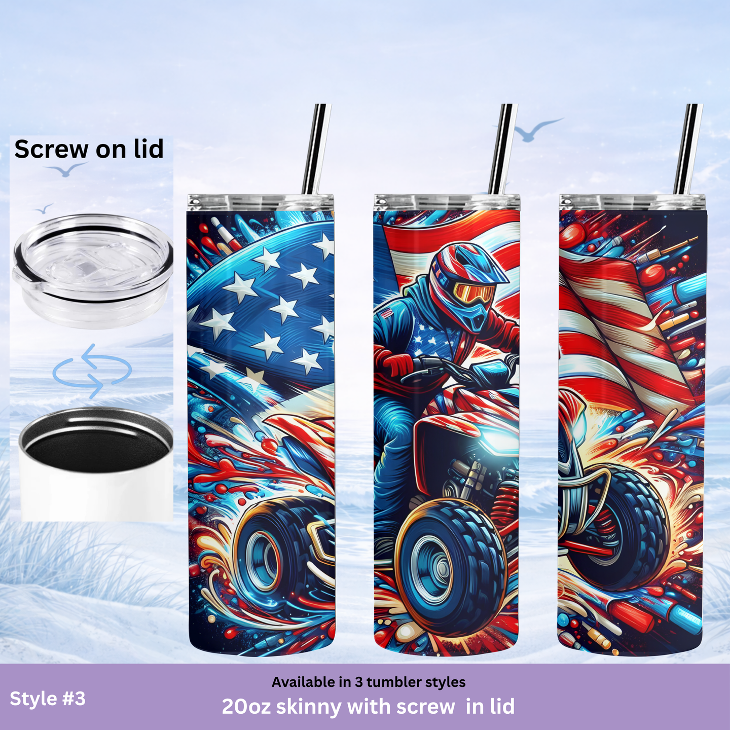 Tumbler with American flag and ATV design, featuring screw-on lid and straws.