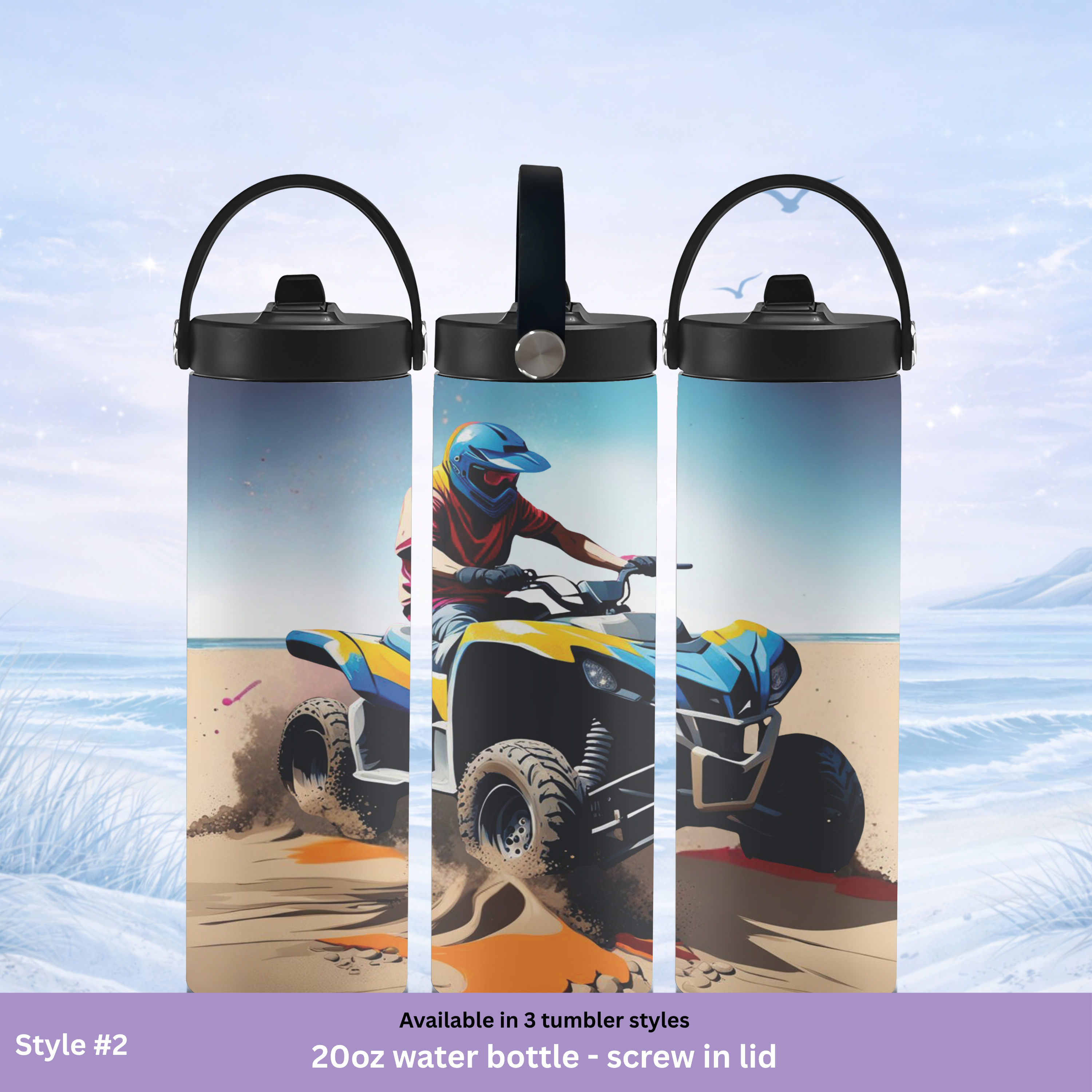 ATV rider stainless steel tumbler dunes and ocean background