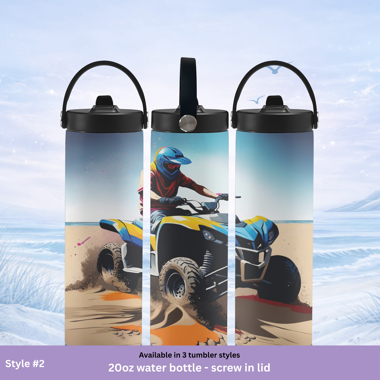 ATV rider stainless steel tumbler dunes and ocean background