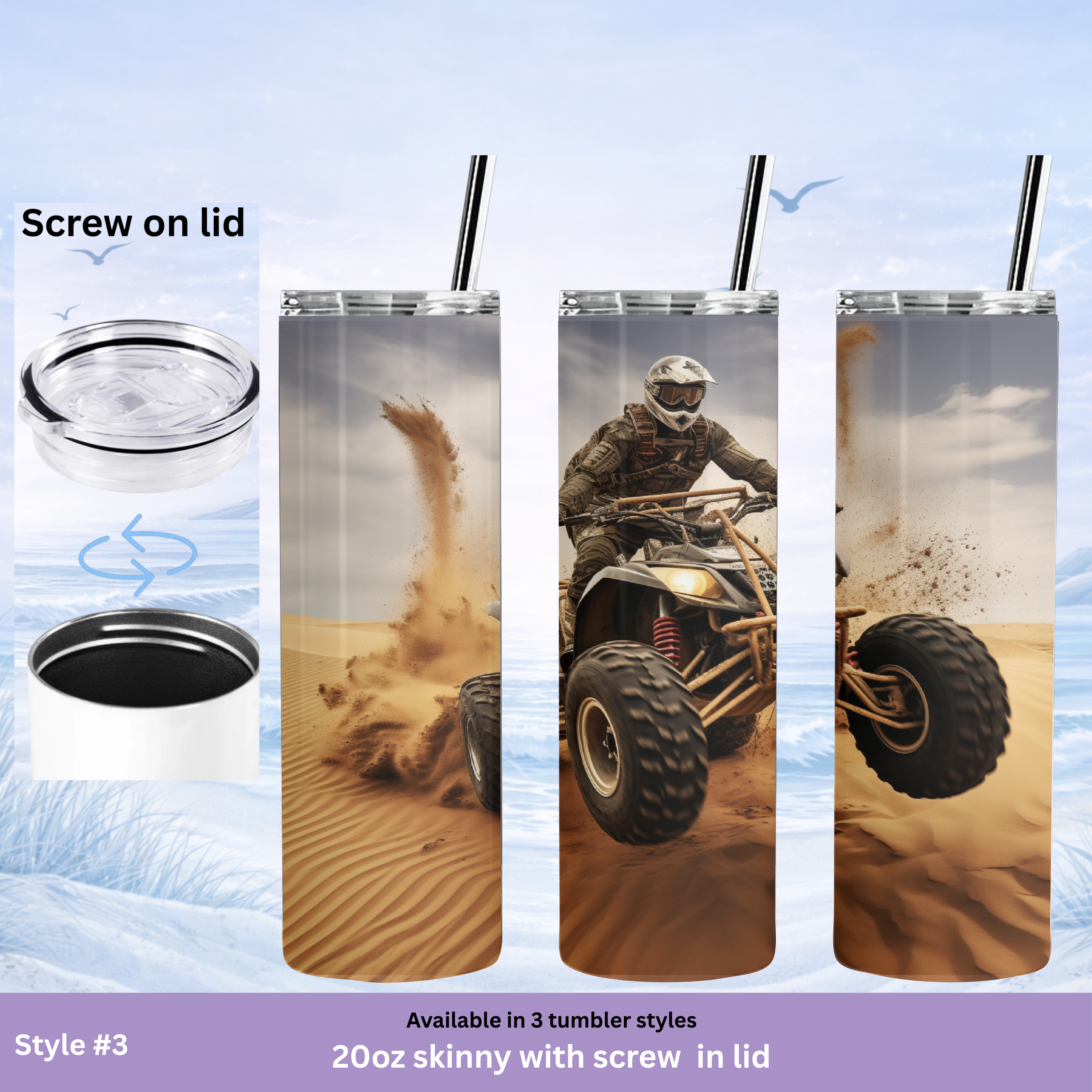 ATV rider stainless steel tumbler desert adventure cup water bottle