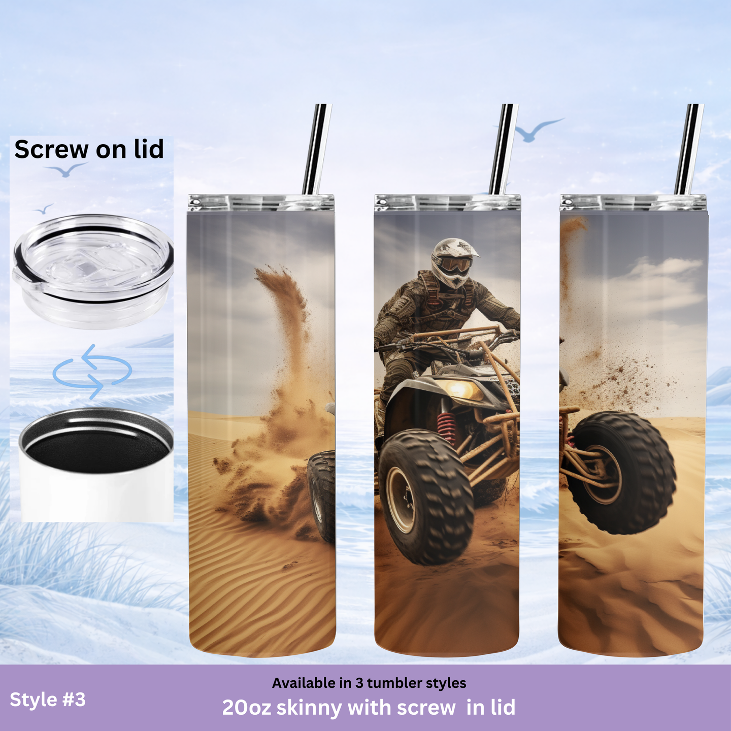 ATV rider stainless steel tumbler desert adventure cup water bottle