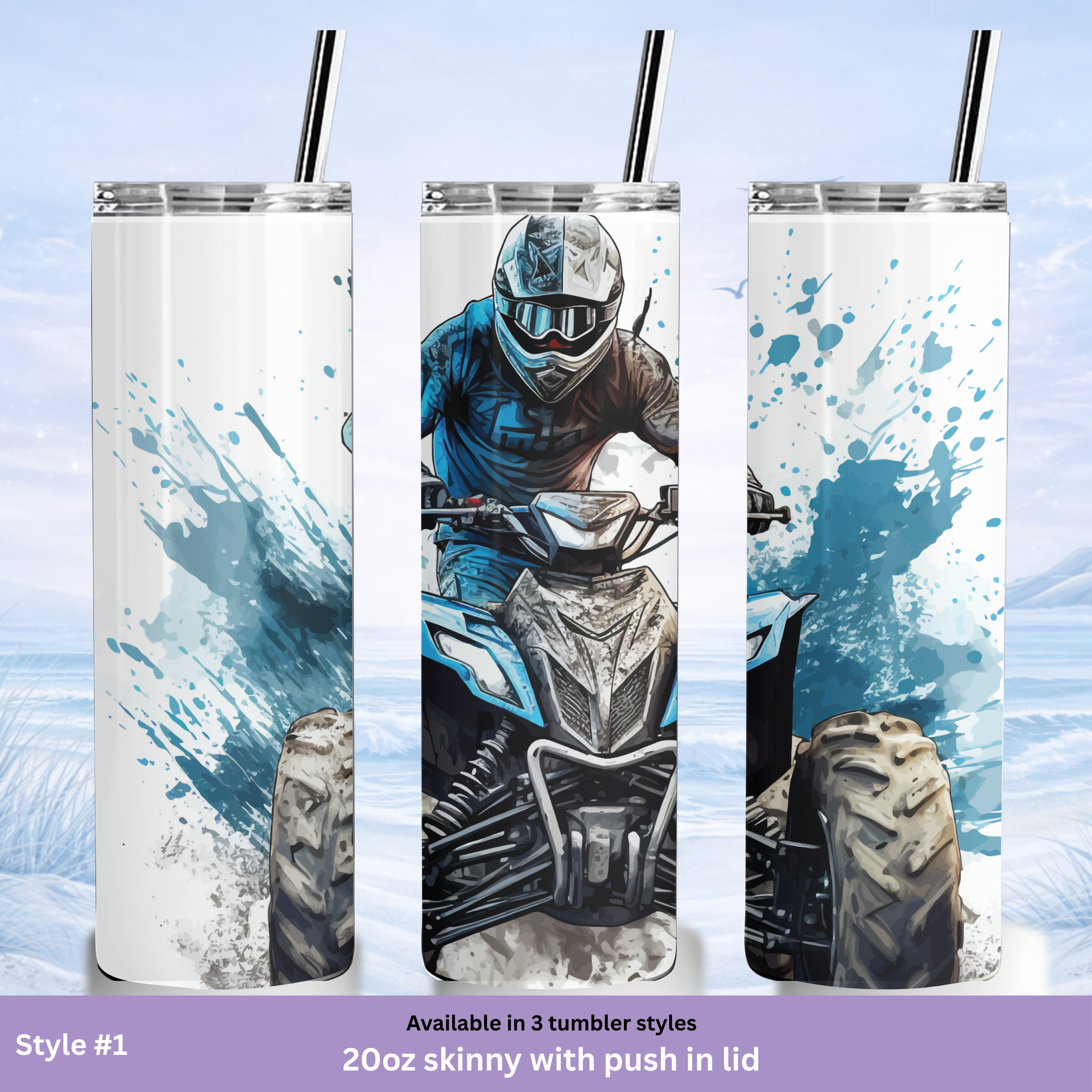 ATV rider tumbler blue splash action insulated cup