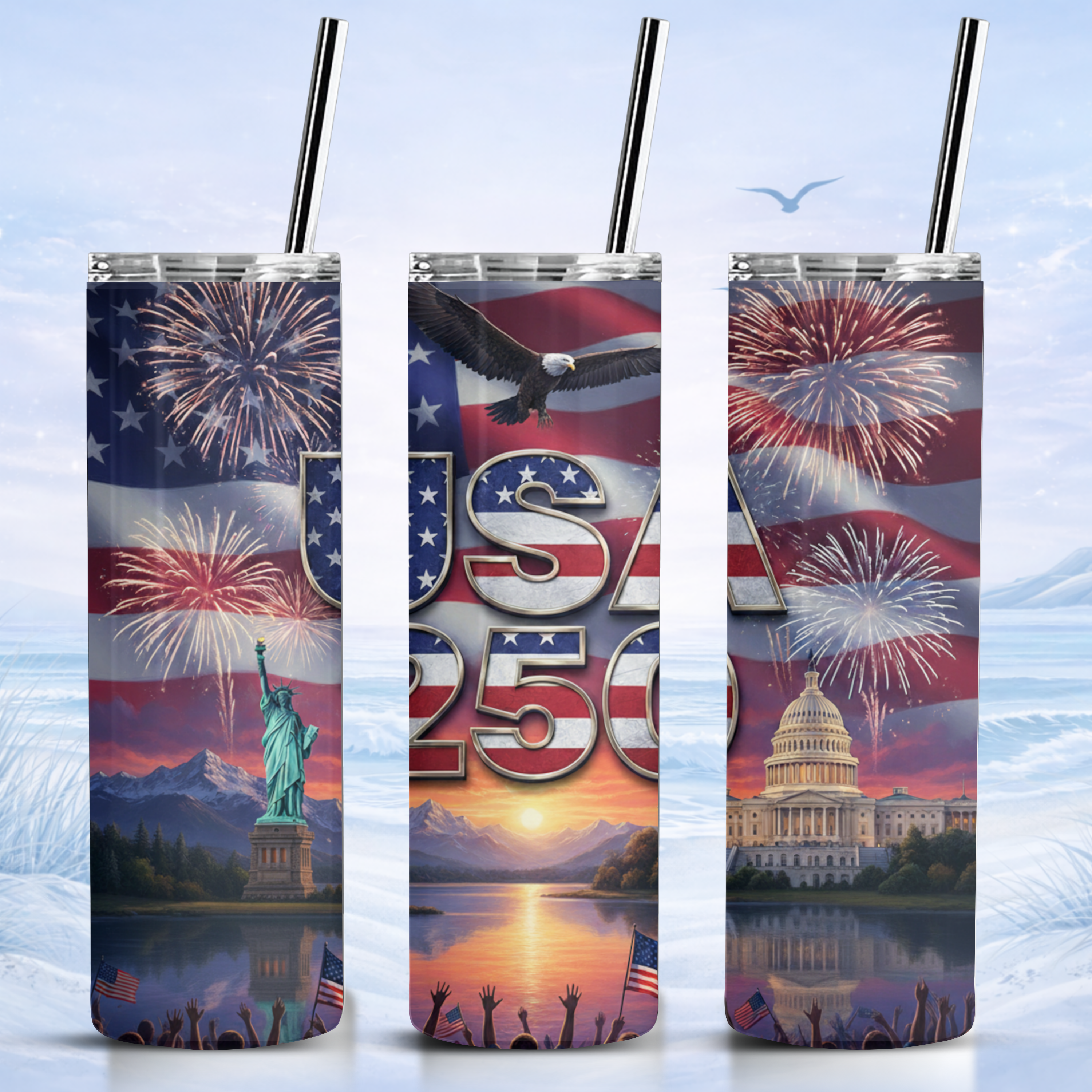 America 250 tumbler 20 oz patriotic USA cup eagle fireworks American flag red white and blue drinkware
