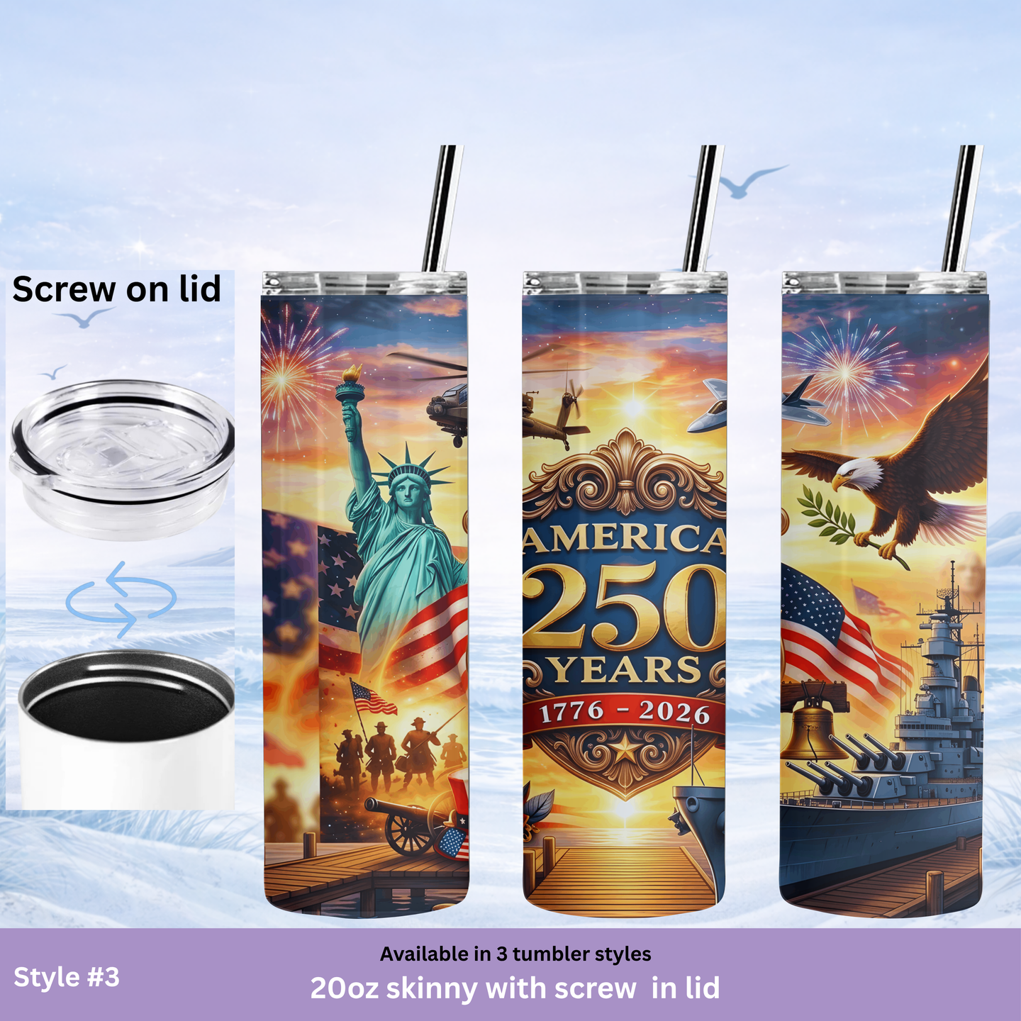 Tumblers with American-themed design featuring the Statue of Liberty, bald eagle, and American flag, with text 'America 250 Years 1776-2026'.