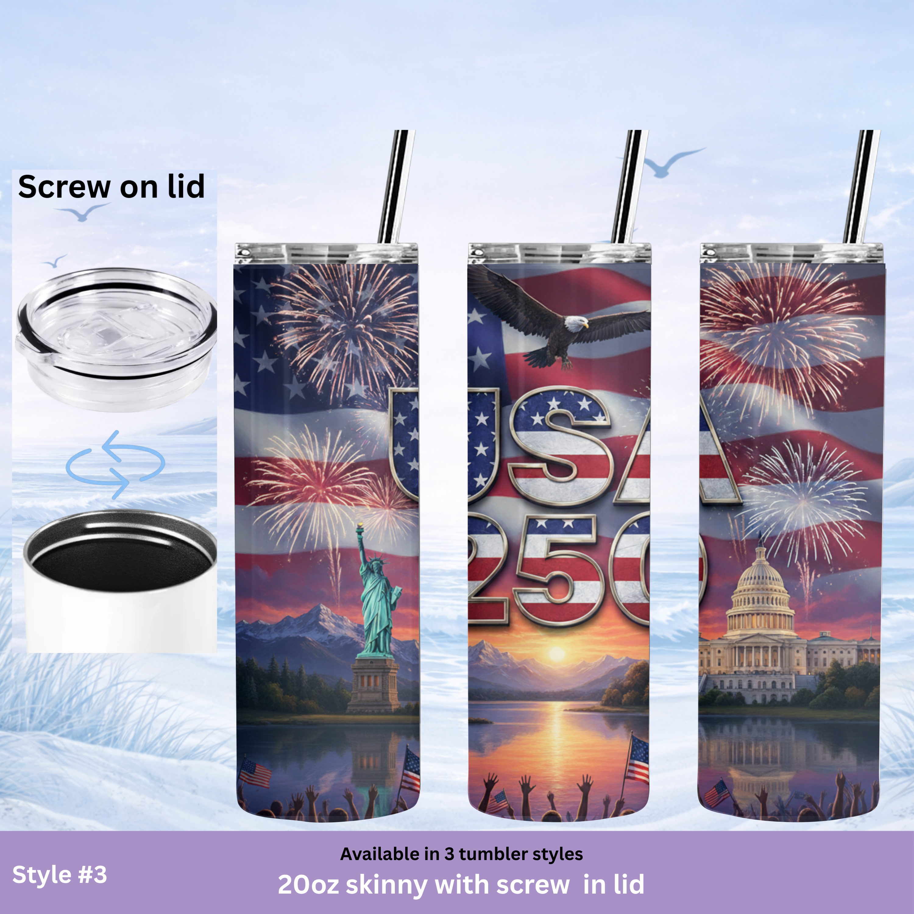 America 250 tumbler 20 oz skinny screw lid patriotic USA cup insulated stainless steel drinkware